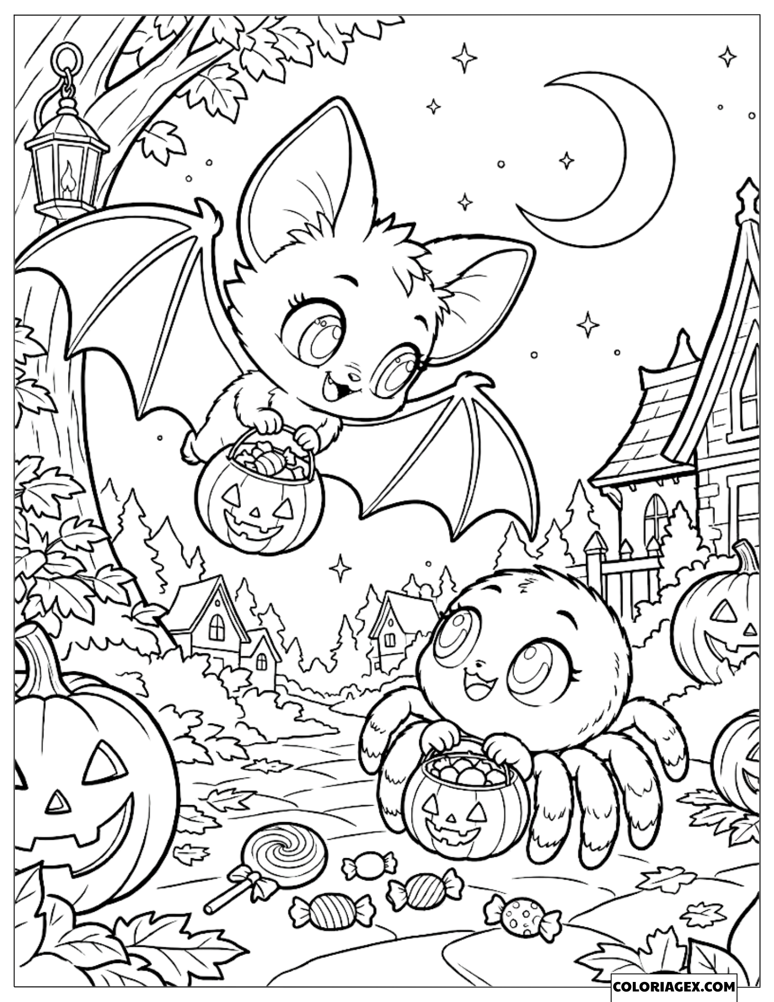 Dessin de la chauve-souris volante et l'araignée au sol qui ramassent des bonbons d'Halloween