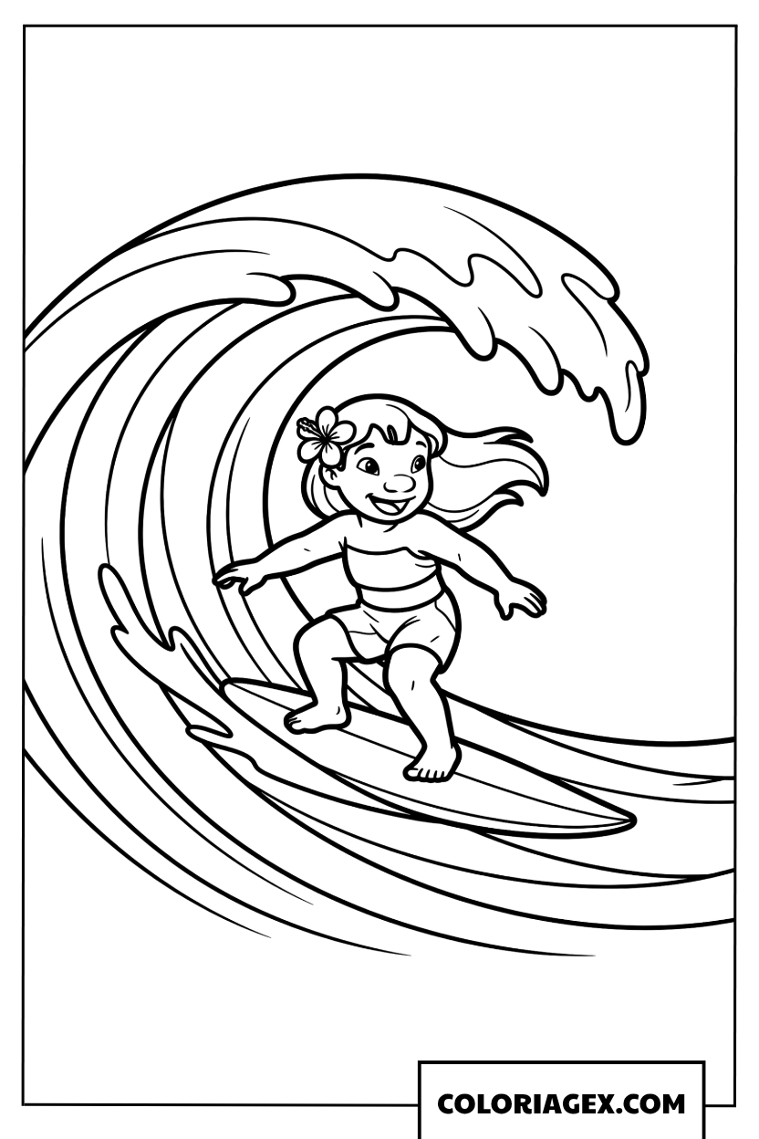 Dessin de la petite Lilo faisant du surf sur une grande vague