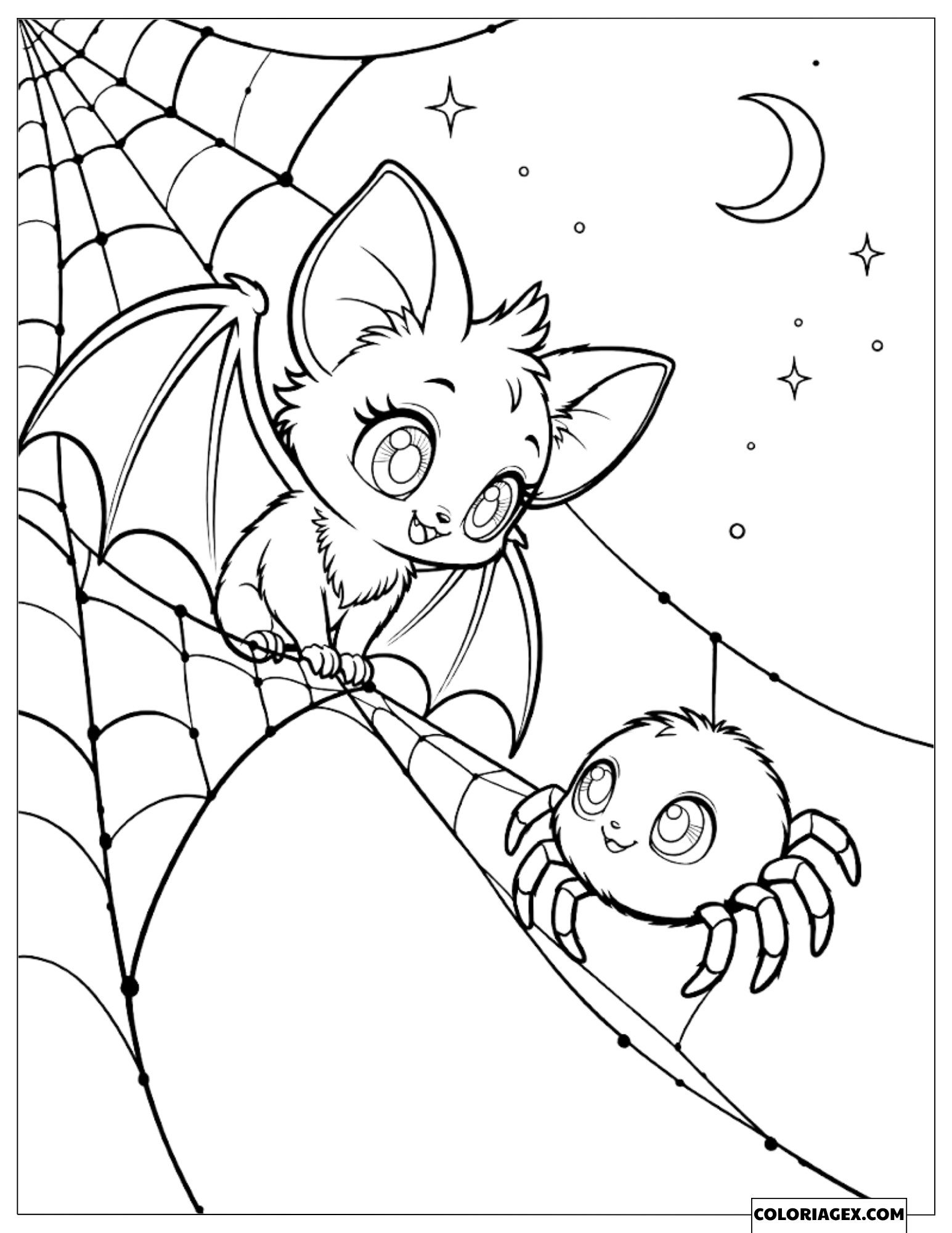 Dessin de la petite chauve-souris et l'araignée mignonne qui discutent sur la toile sous la lune