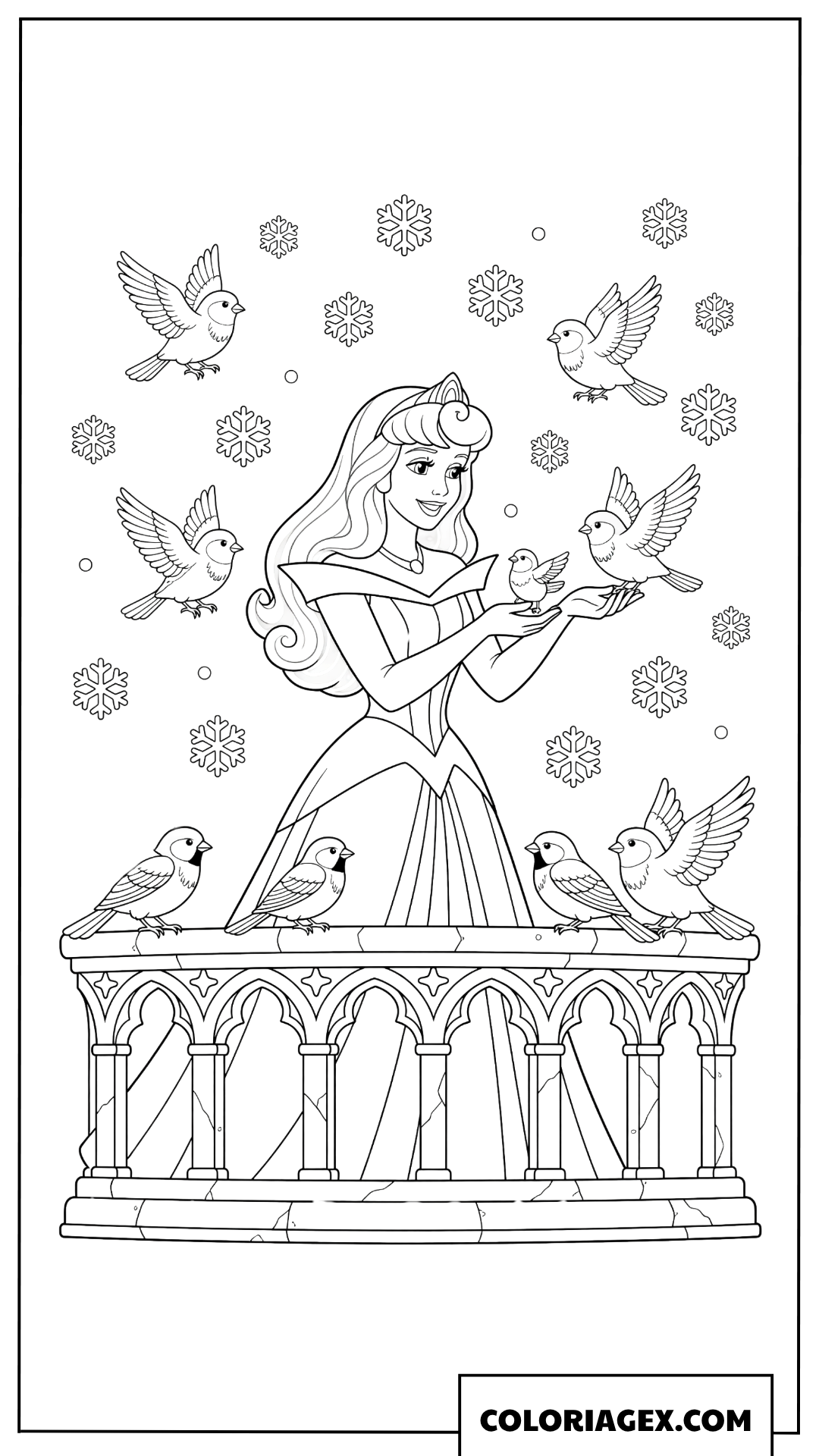 Dessin de la princesse Aurore sur le balcon en hiver