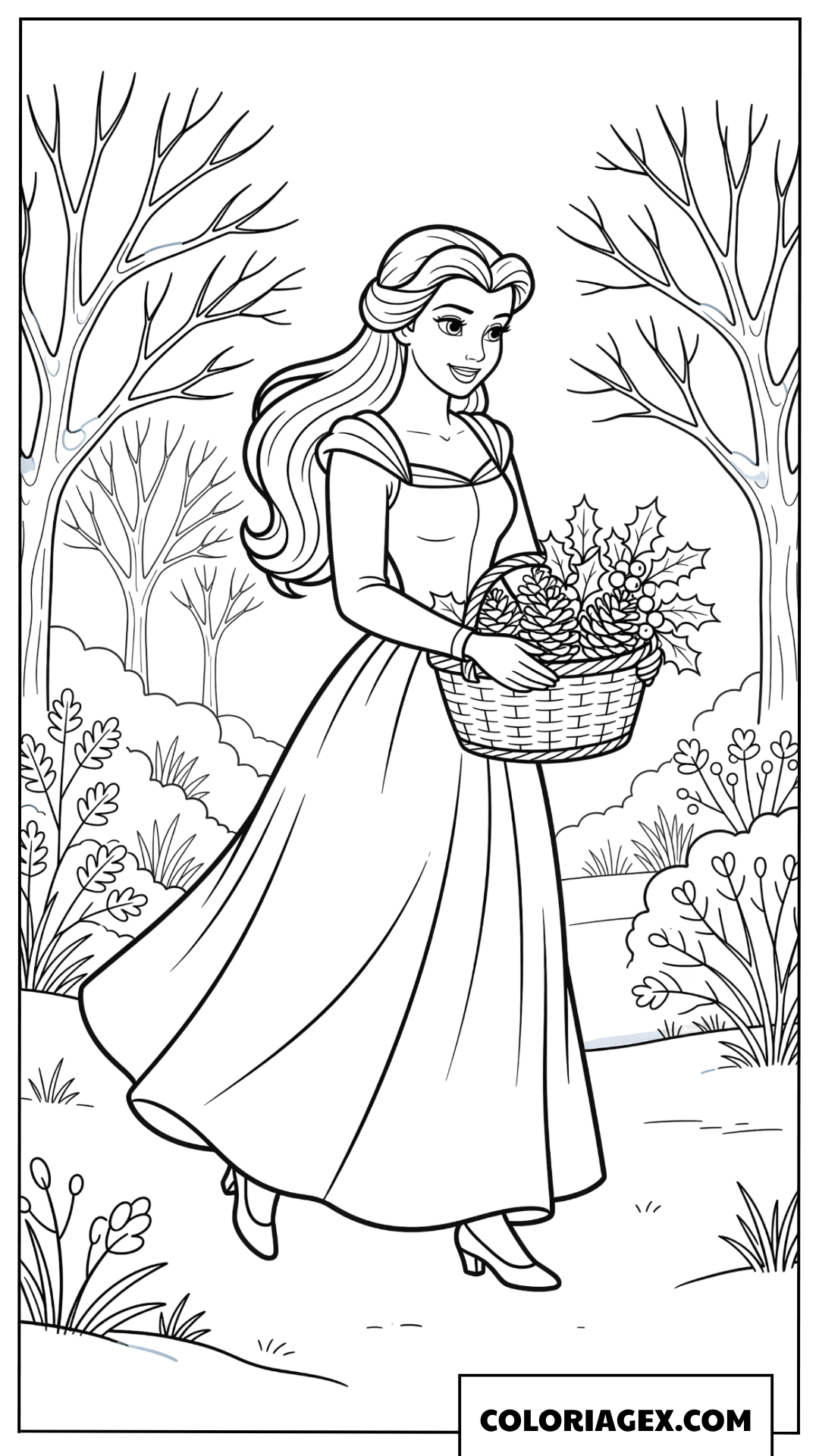 Dessin de la princesse Belle avec son panier de Noel