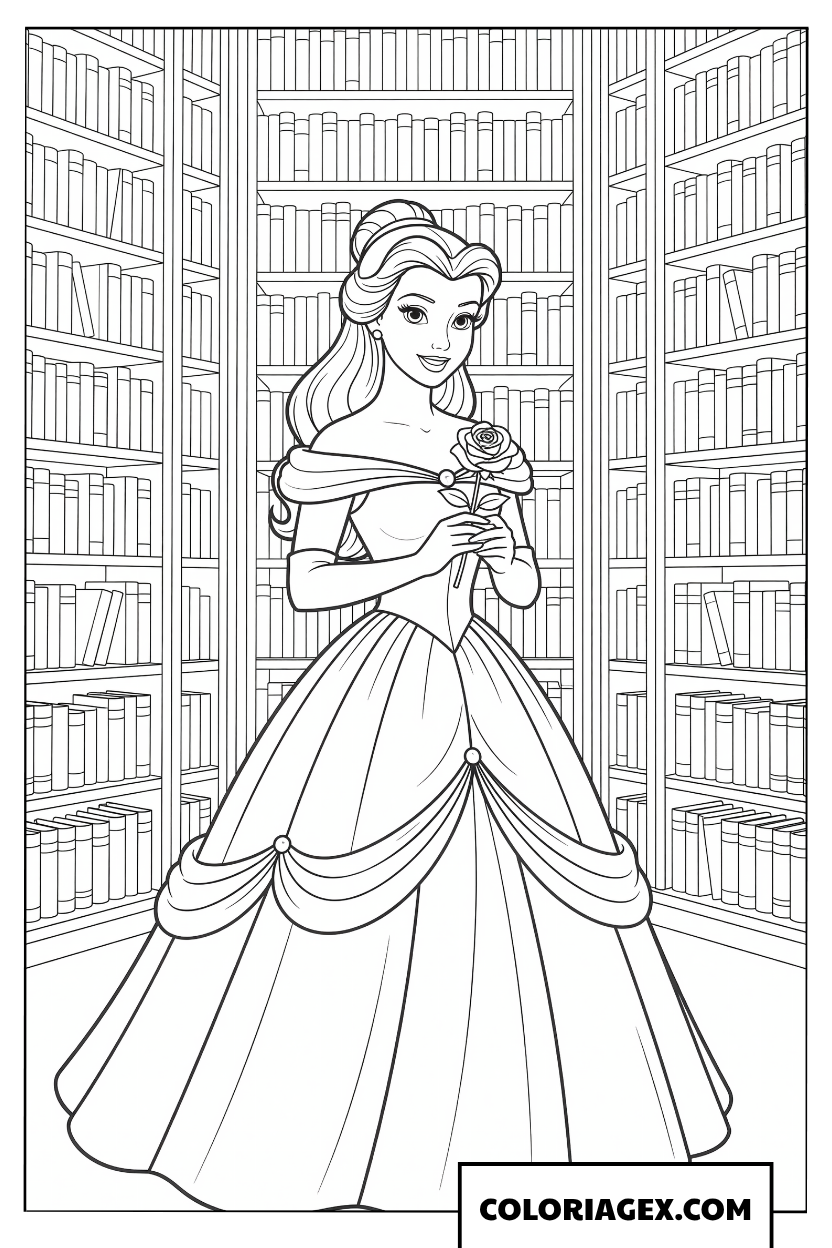 Dessin de la princesse Belle tenant une rose dans la bibliotheque