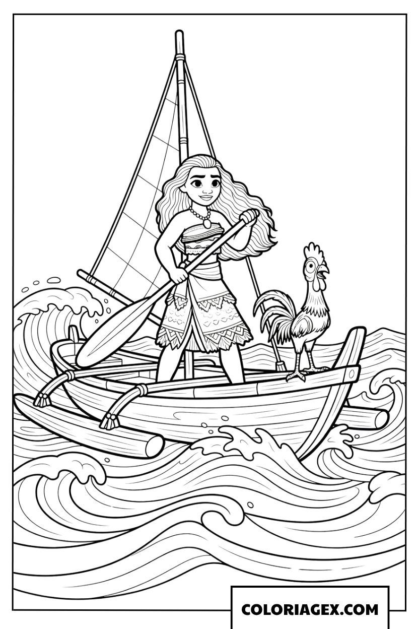 Dessin de la princesse Moana et Heihei naviguant sur l ocean