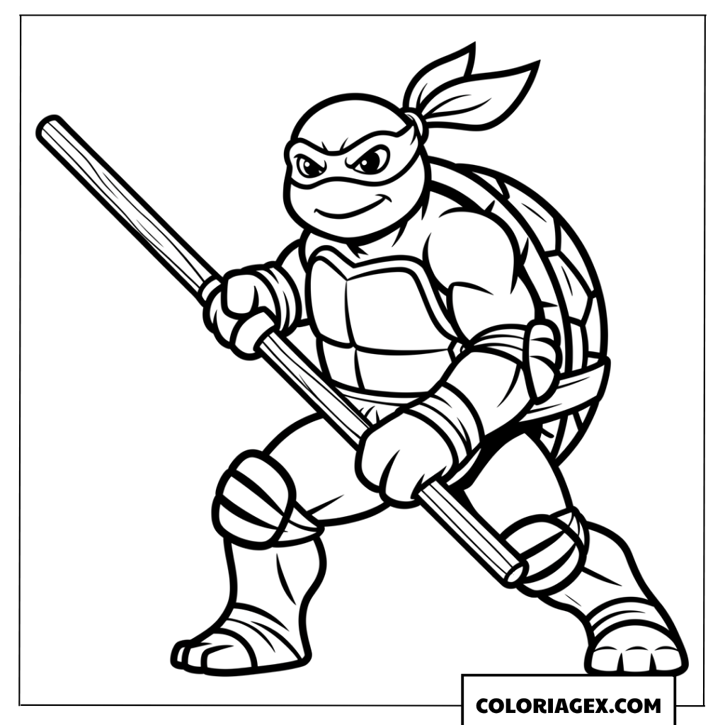 Dessin de la tortue ninja Donatello en position de combat avec son baton bo