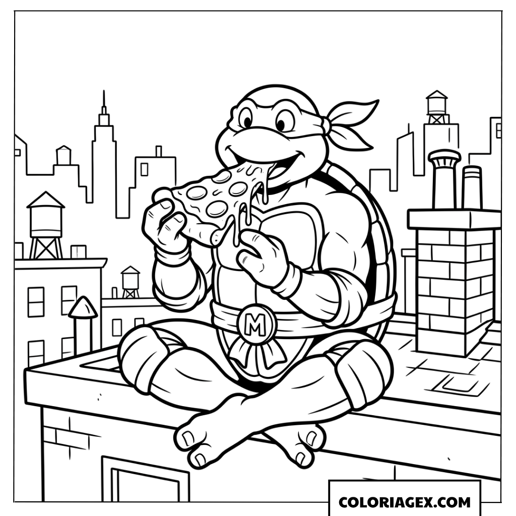 Dessin de la tortue ninja Michelangelo mangeant une pizza sur un toit