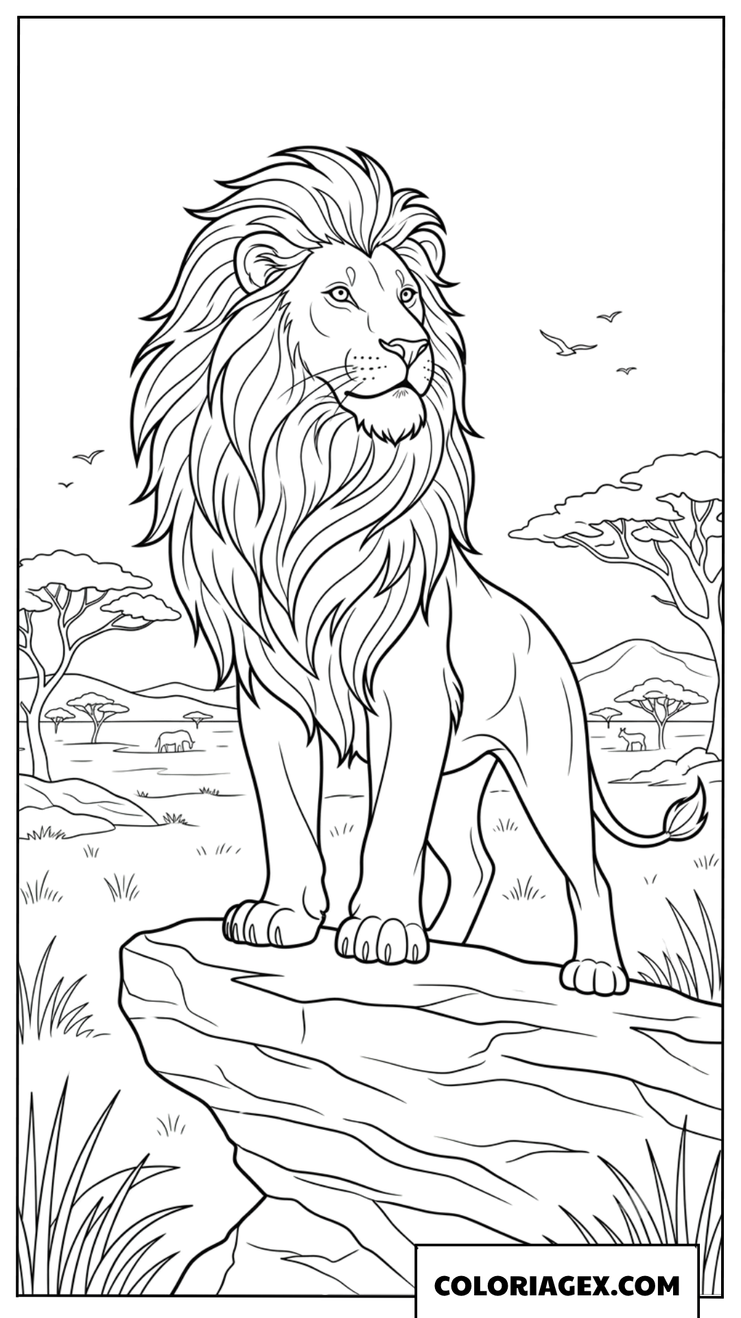 Dessin de lion majestueux sur un rocher de la savane