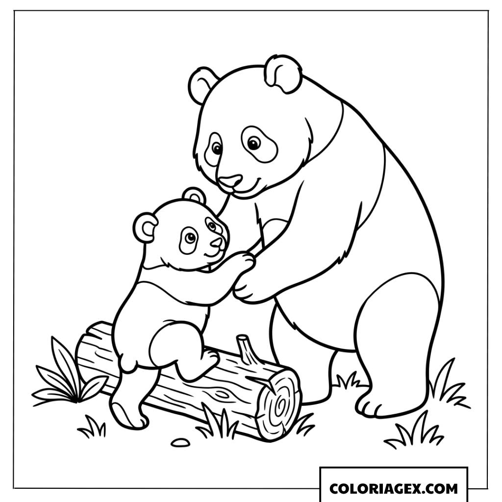 Dessin de maman panda aidant son petit a grimper sur un tronc