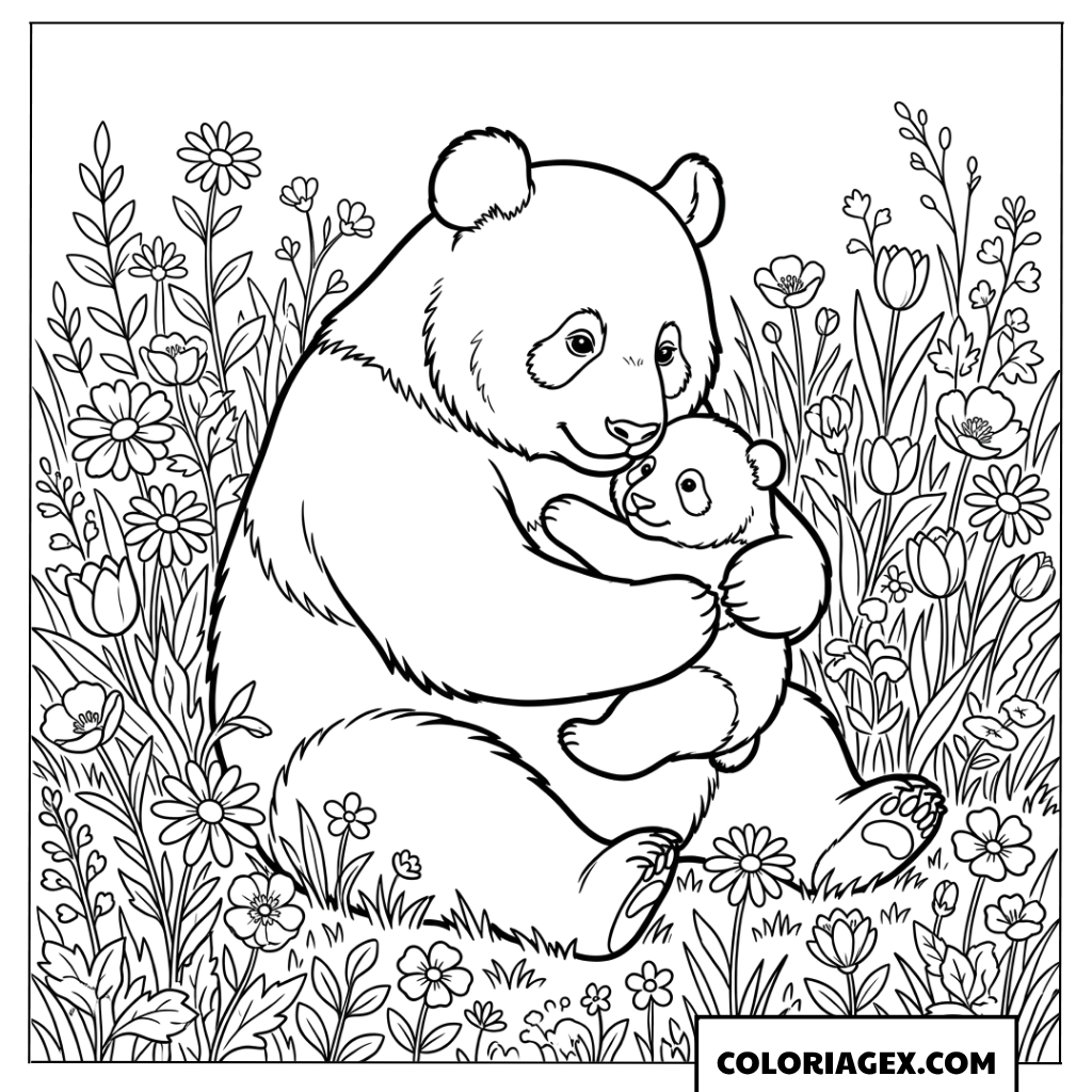 Dessin de maman panda serrant son ourson fort dans ses bras
