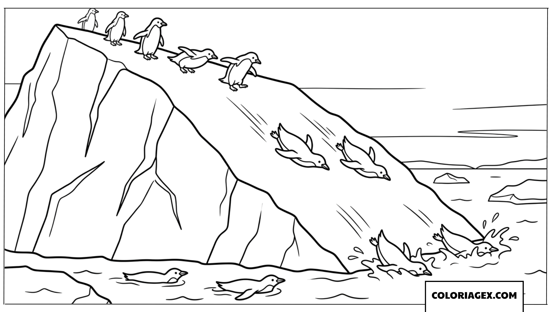 Dessin de manchots glissant sur un iceberg geant