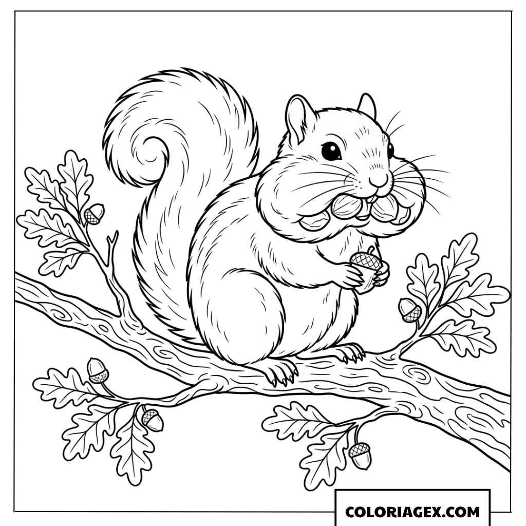 Dessin de mignon ecureuil grignotant des noisettes sur une branche