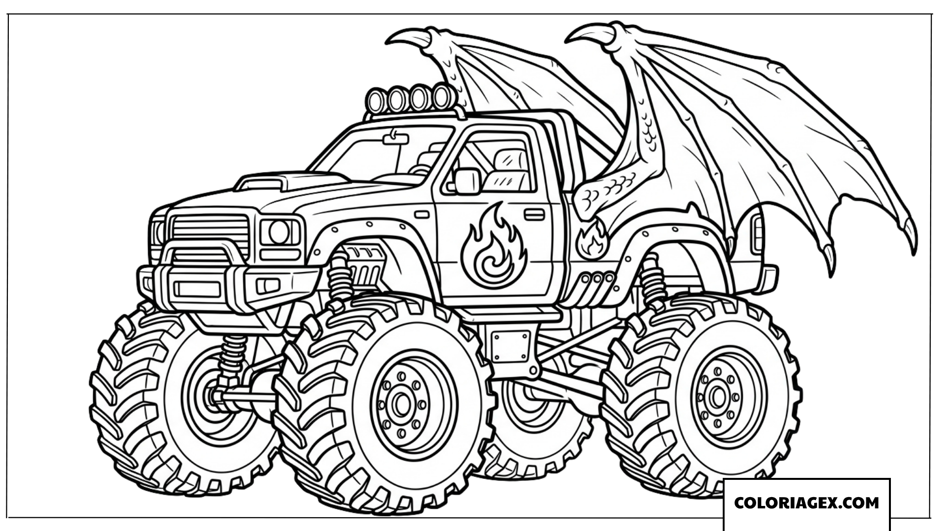 Dessin de monster truck de dessin animé avec de grandes ailes de dragon