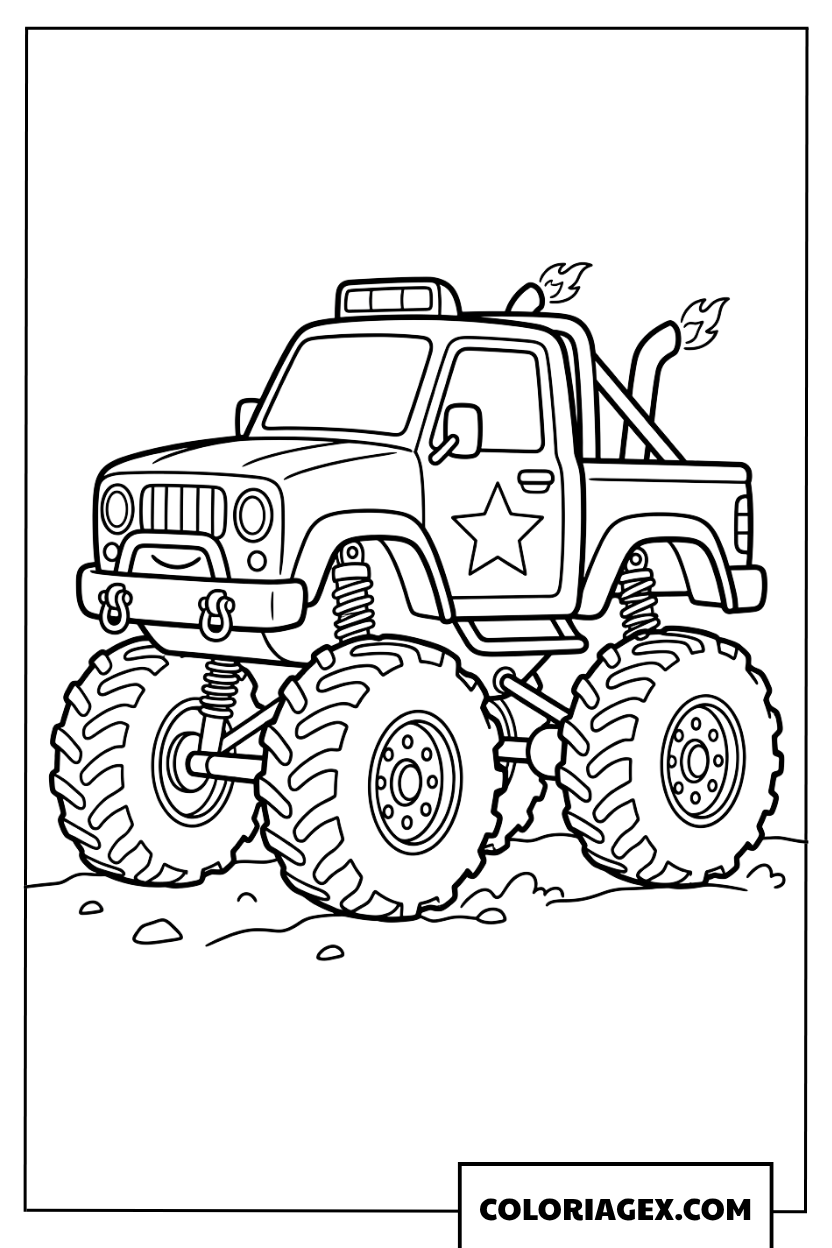 Dessin de monster truck de dessin animé avec une grande étoile et des flammes à colorier