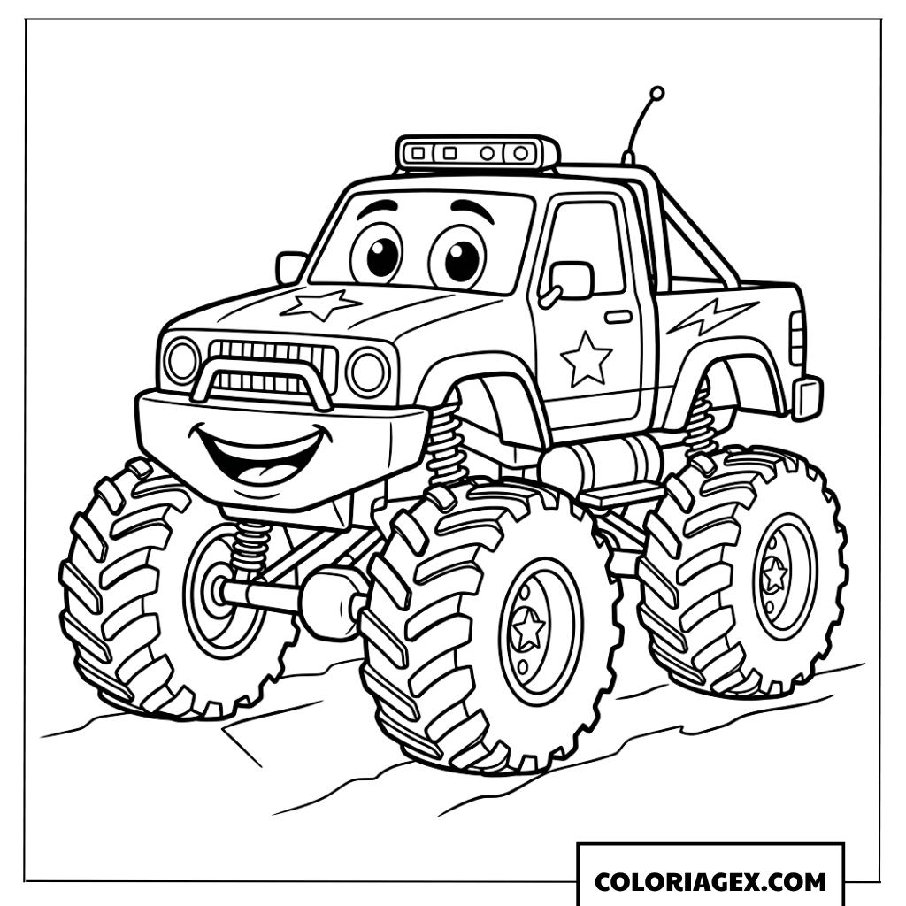 Dessin de monster truck de dessin animé souriant et amical à colorier
