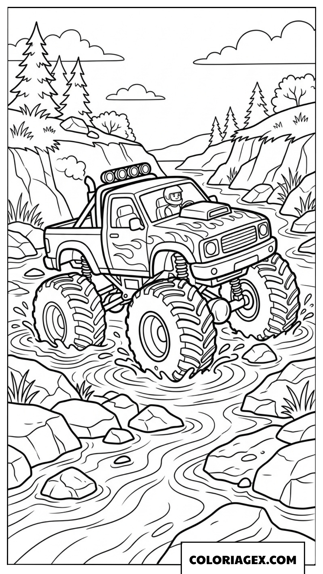 Dessin de monster truck de dessin animé traversant une rivière de pierres
