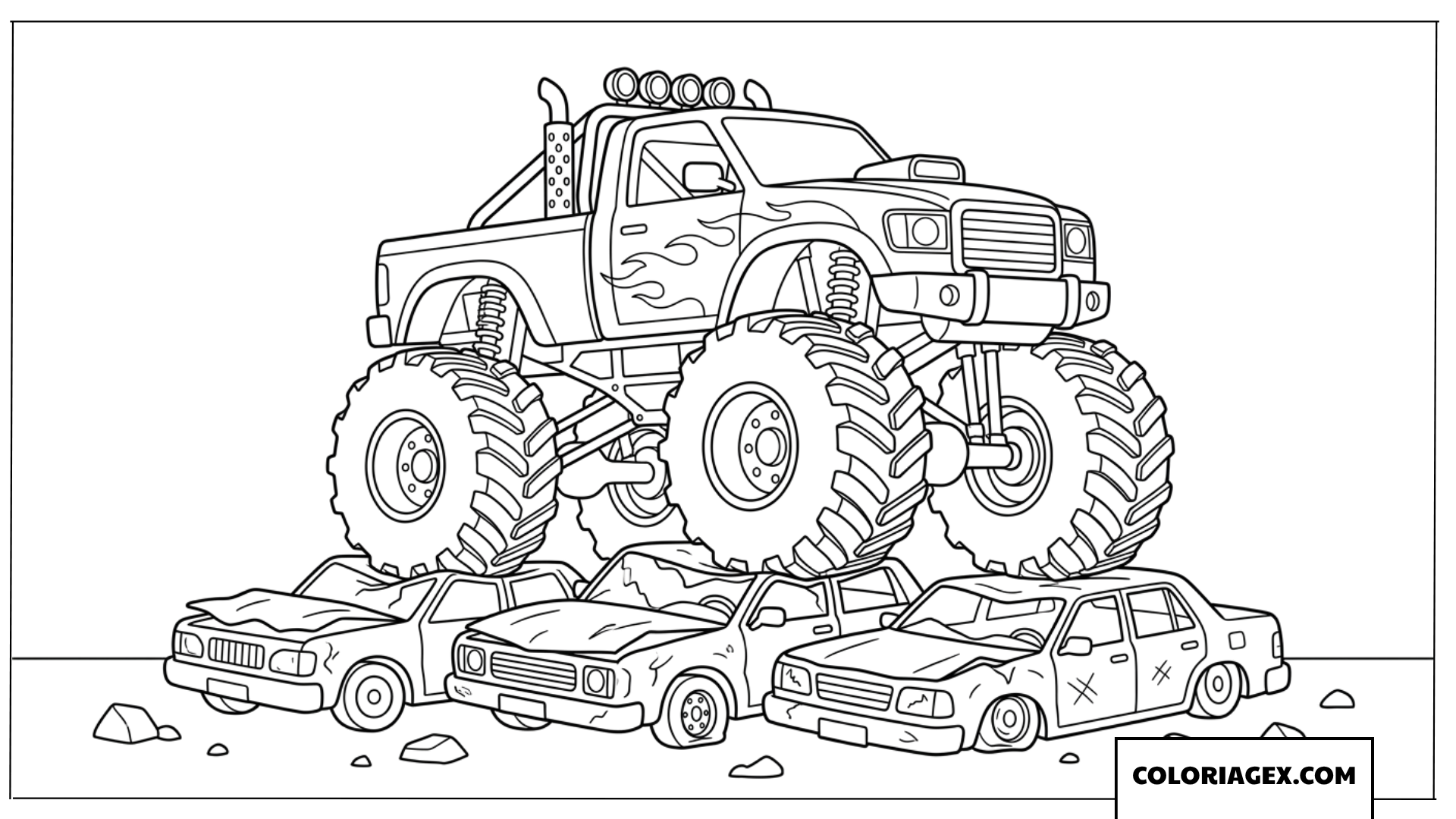 Dessin de monster truck ecrasant des voitures de casse