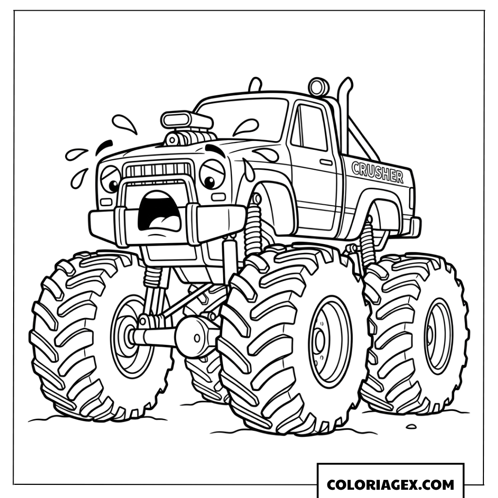 Dessin de monster truck expressif fatigué et effrayé pour enfants