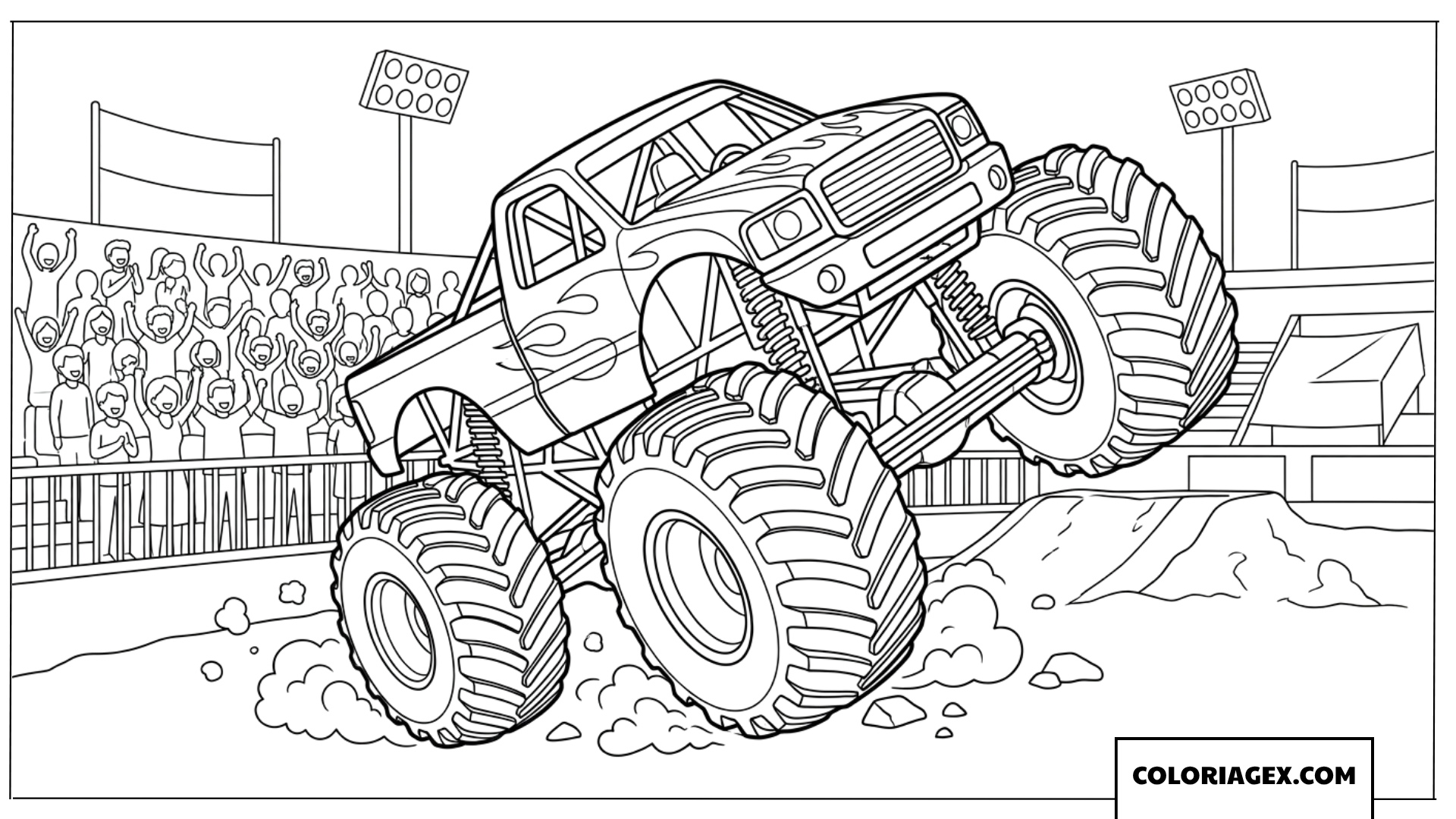 Dessin de monster truck faisant un wheeling devant le public