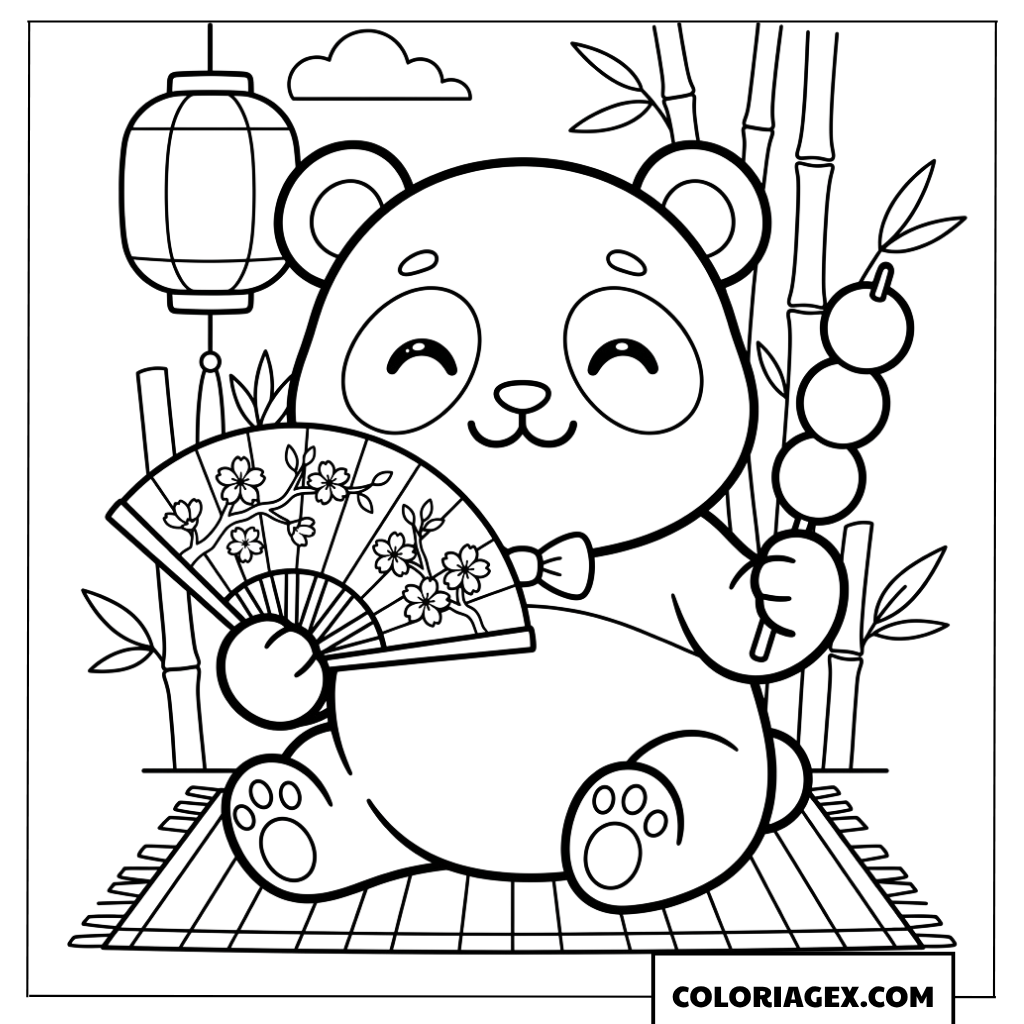 Dessin de panda avec un evantail japonais traditionnel a colorier