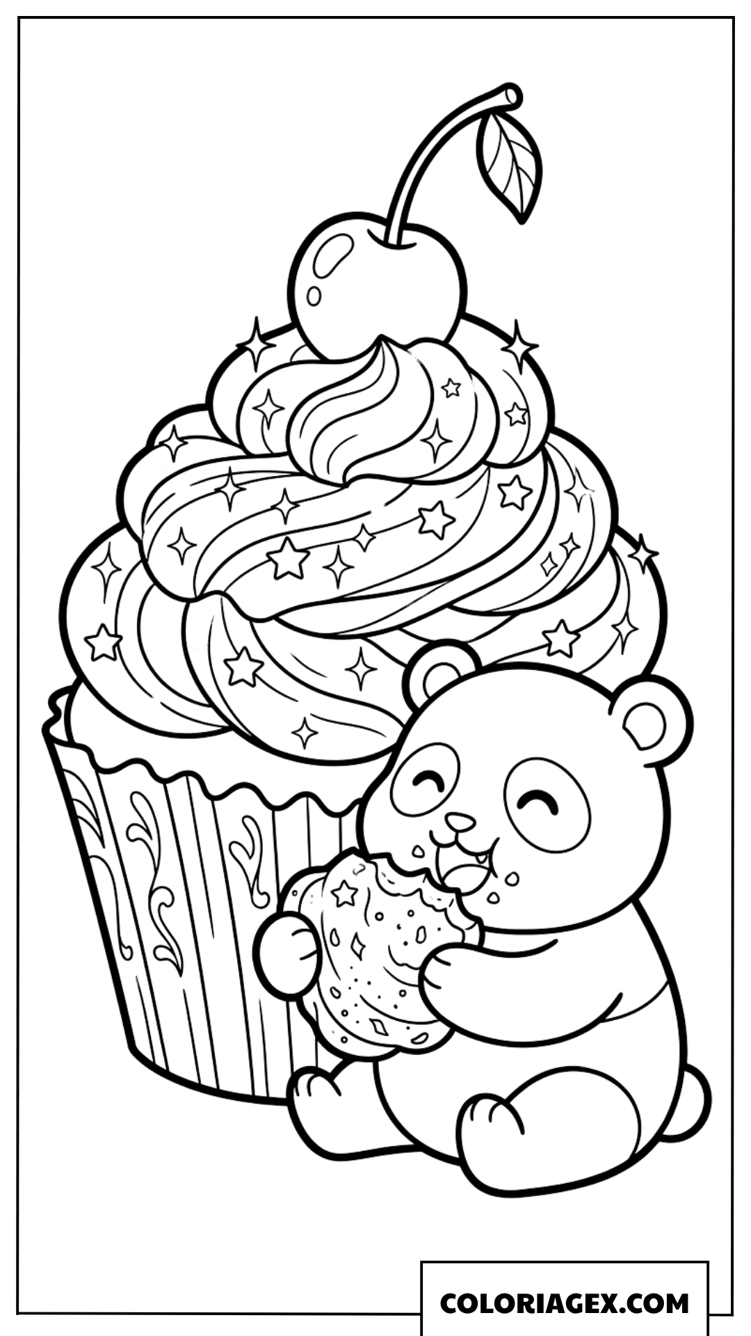 Dessin de panda mignon mangeant un cupcake avec de la crème