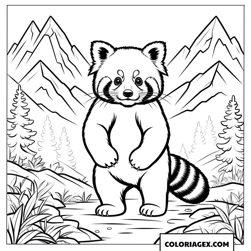 Dessin de panda roux debout sur ses pattes arriere dans la montagne