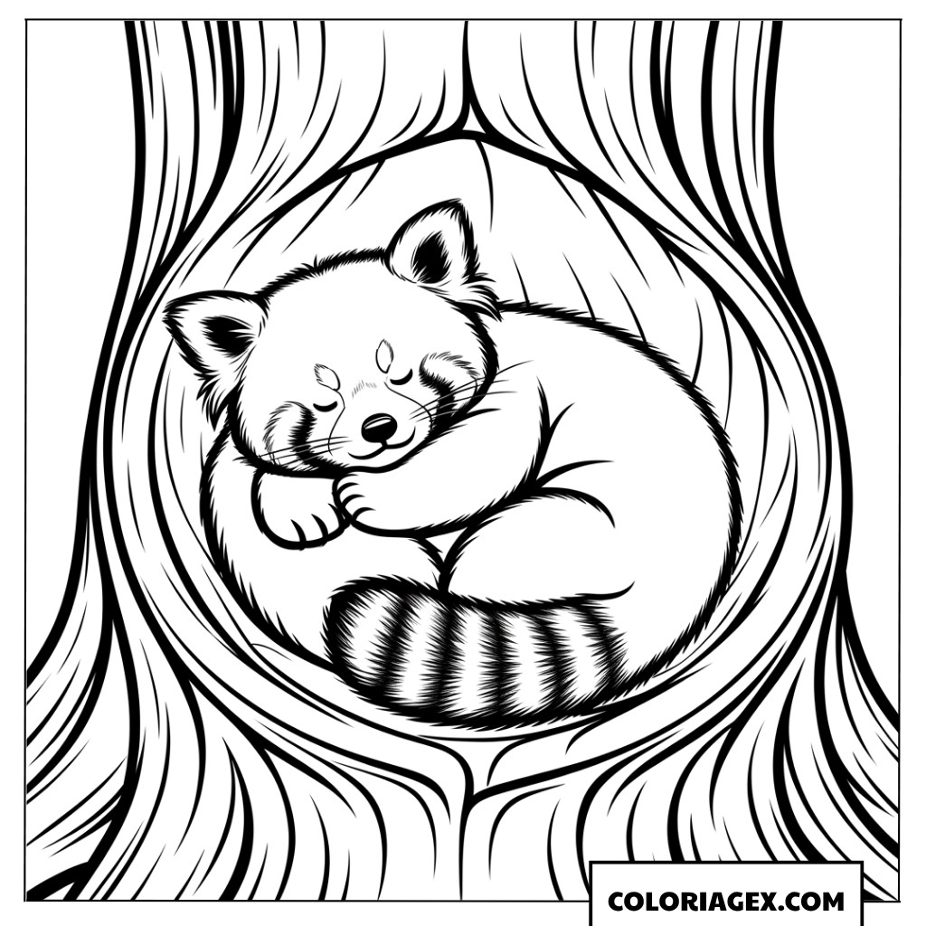 Dessin de panda roux endormi et roule en boule dans son arbre
