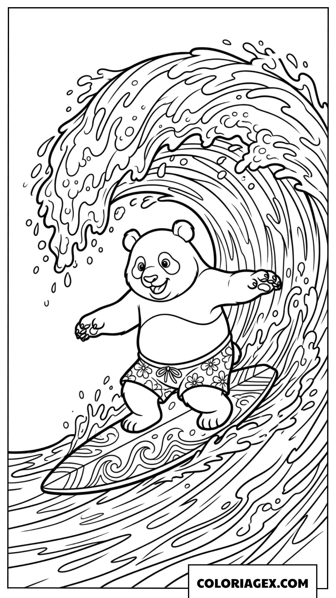 Dessin de panda surfeur glissant sur une grande vague