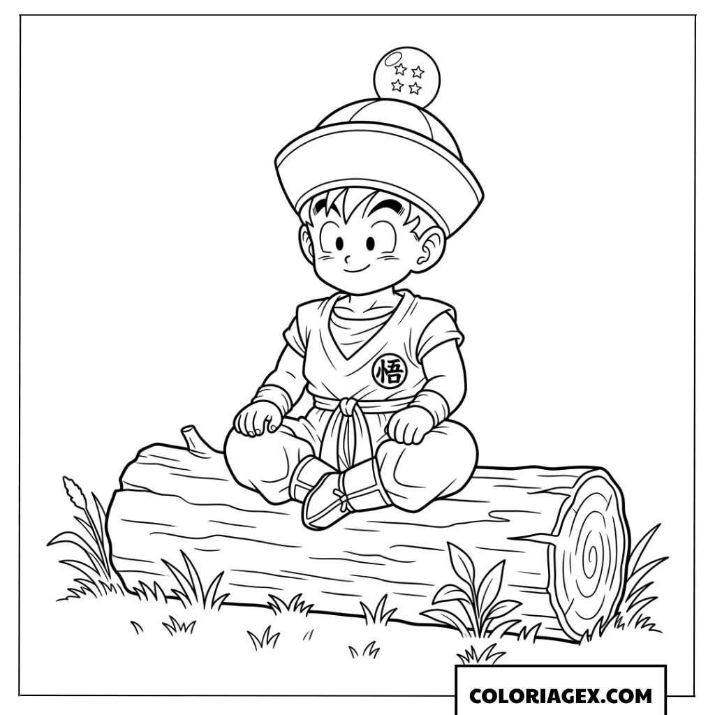 Dessin de petit Gohan avec un chapeau dragon assis sur un tronc