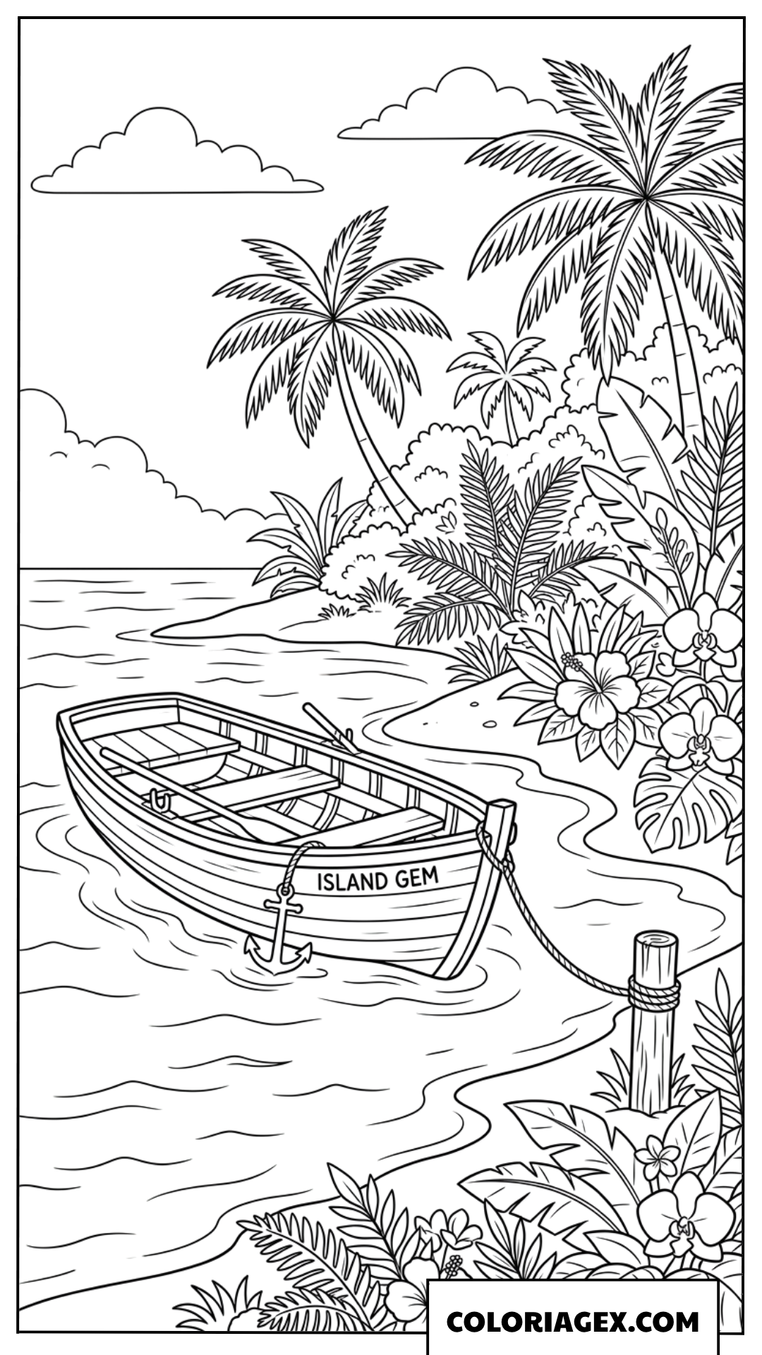 Dessin de petit bateau en bois amarre pres du rivage tropical