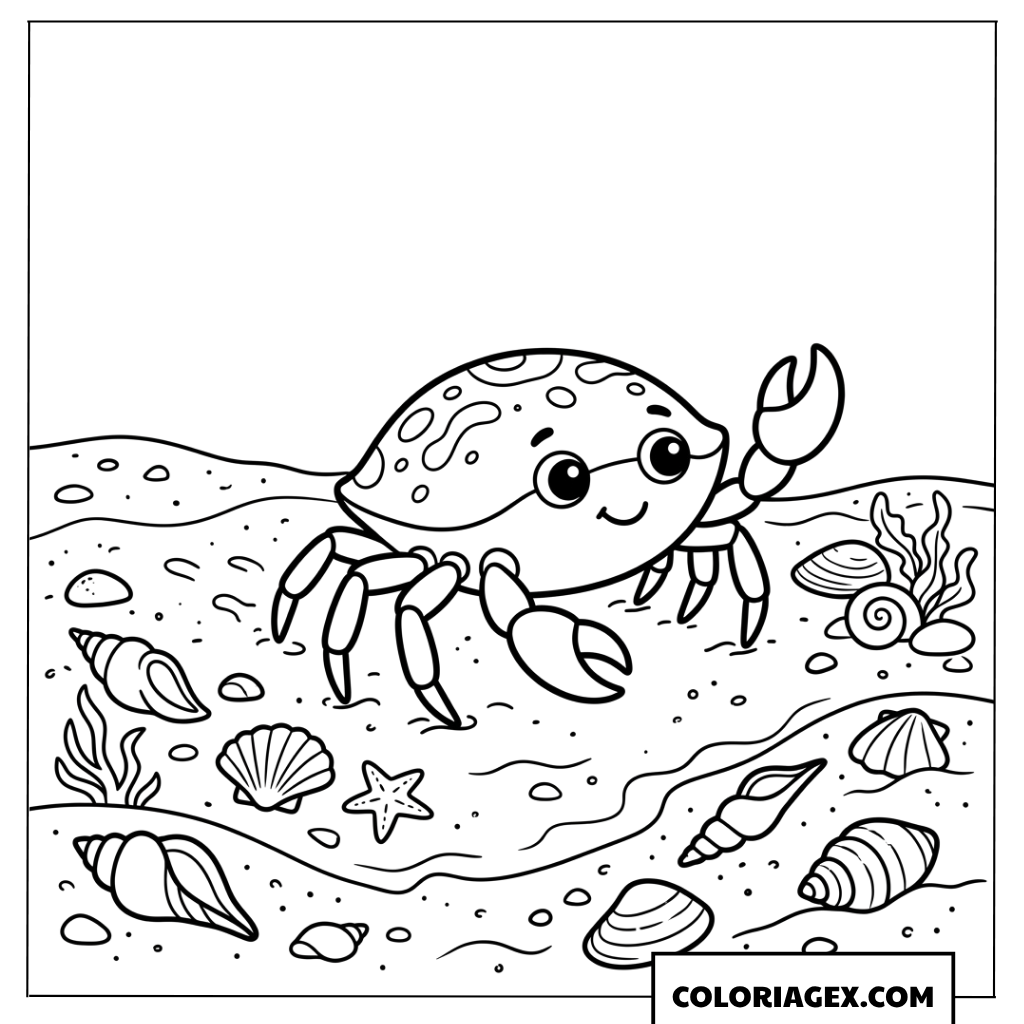 Dessin de petit crabe amusant sur le sable a colorier