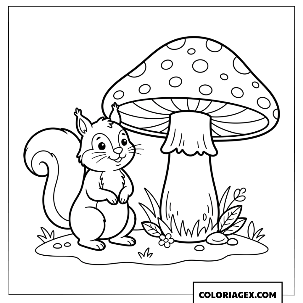 Dessin de petit ecureuil pres d un gros champignon