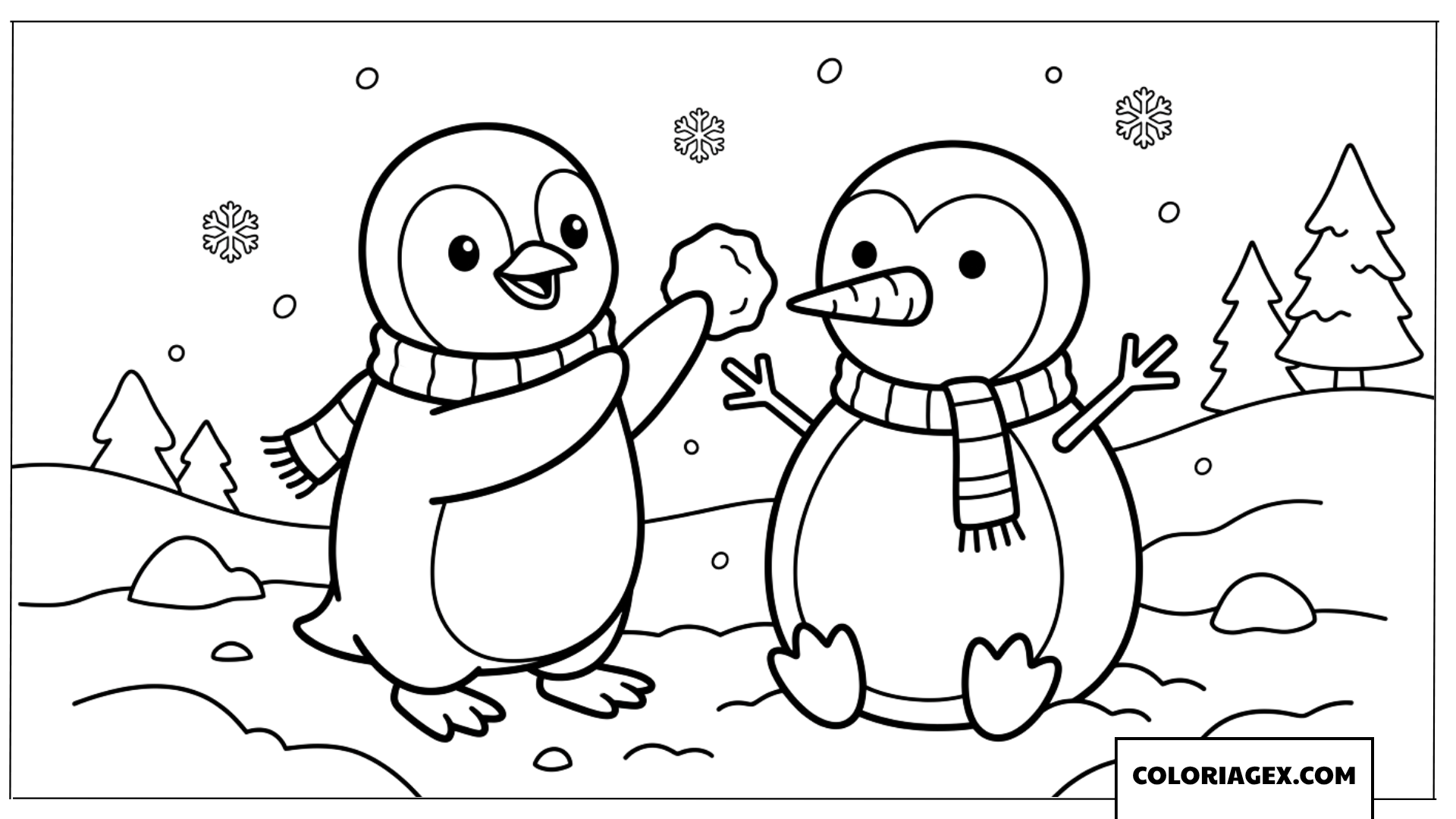 Dessin de pingouin fabriquant un bonhomme de neige