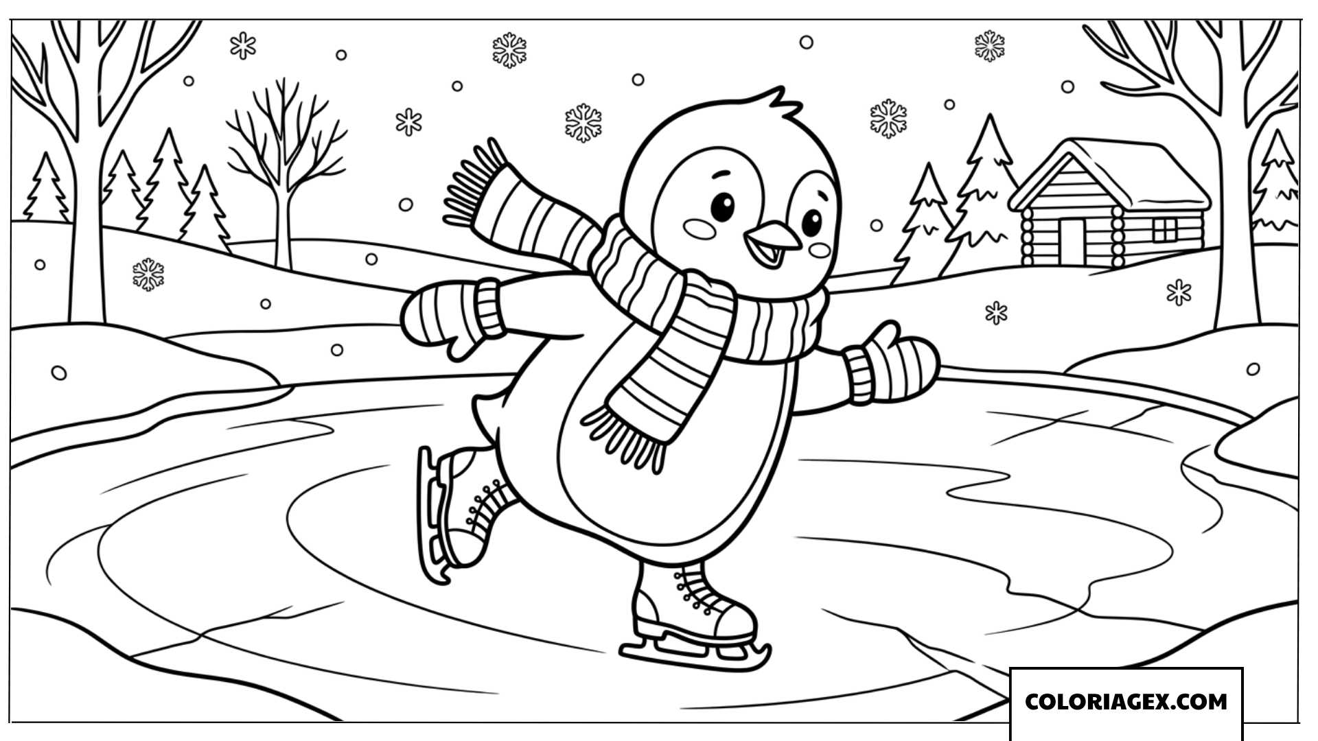 Dessin de pingouin patinant sur un lac gele en hiver