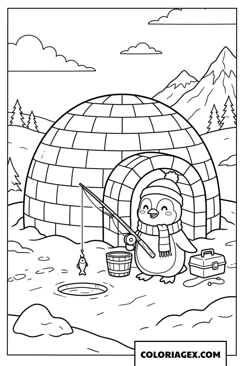 Dessin de pingouin pechant devant son igloo en hiver