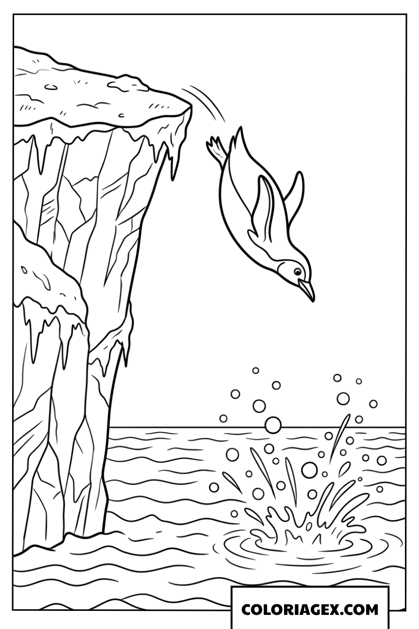 Dessin de pingouin plongeant depuis une falaise de glace