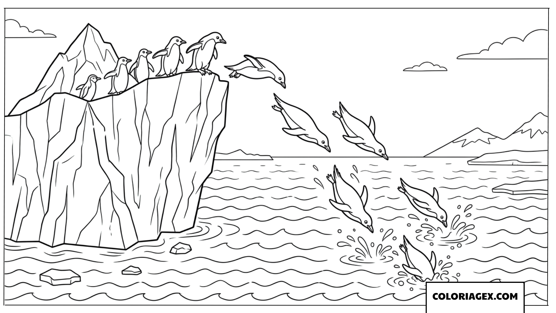 Dessin de pingouins plongeant joyeusement dans l ocean