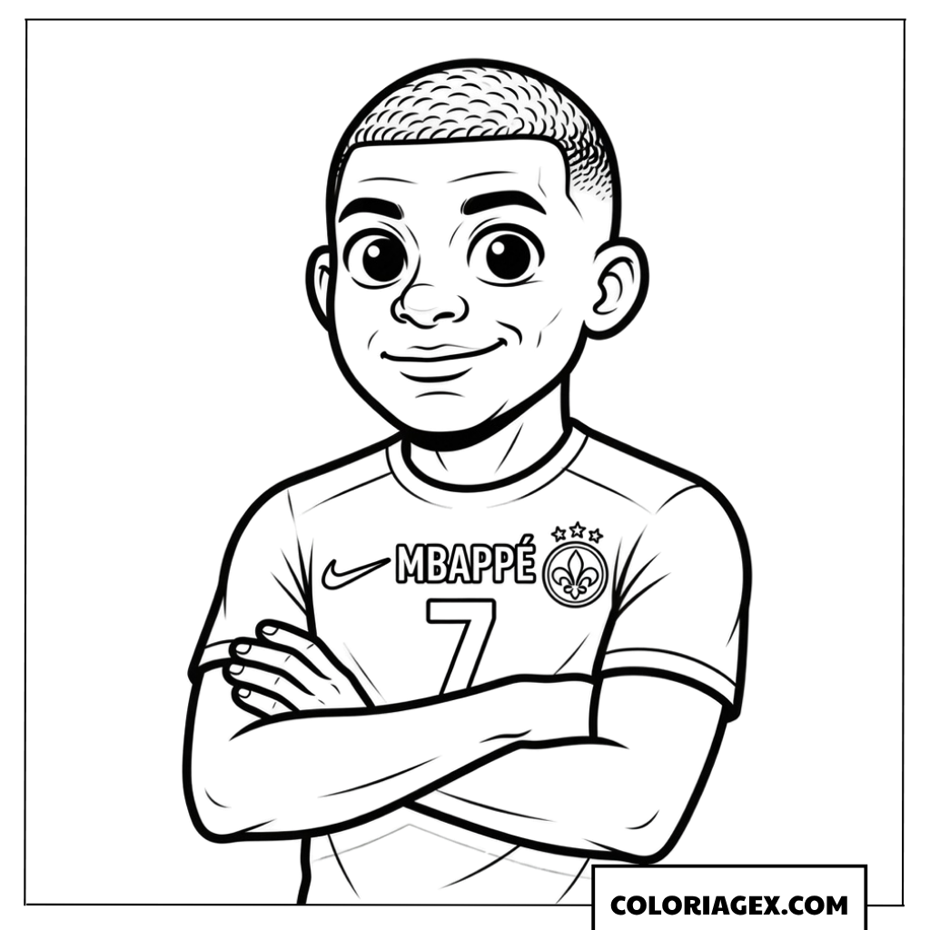 Dessin de portrait de Mbappé cartoon avec les bras croises