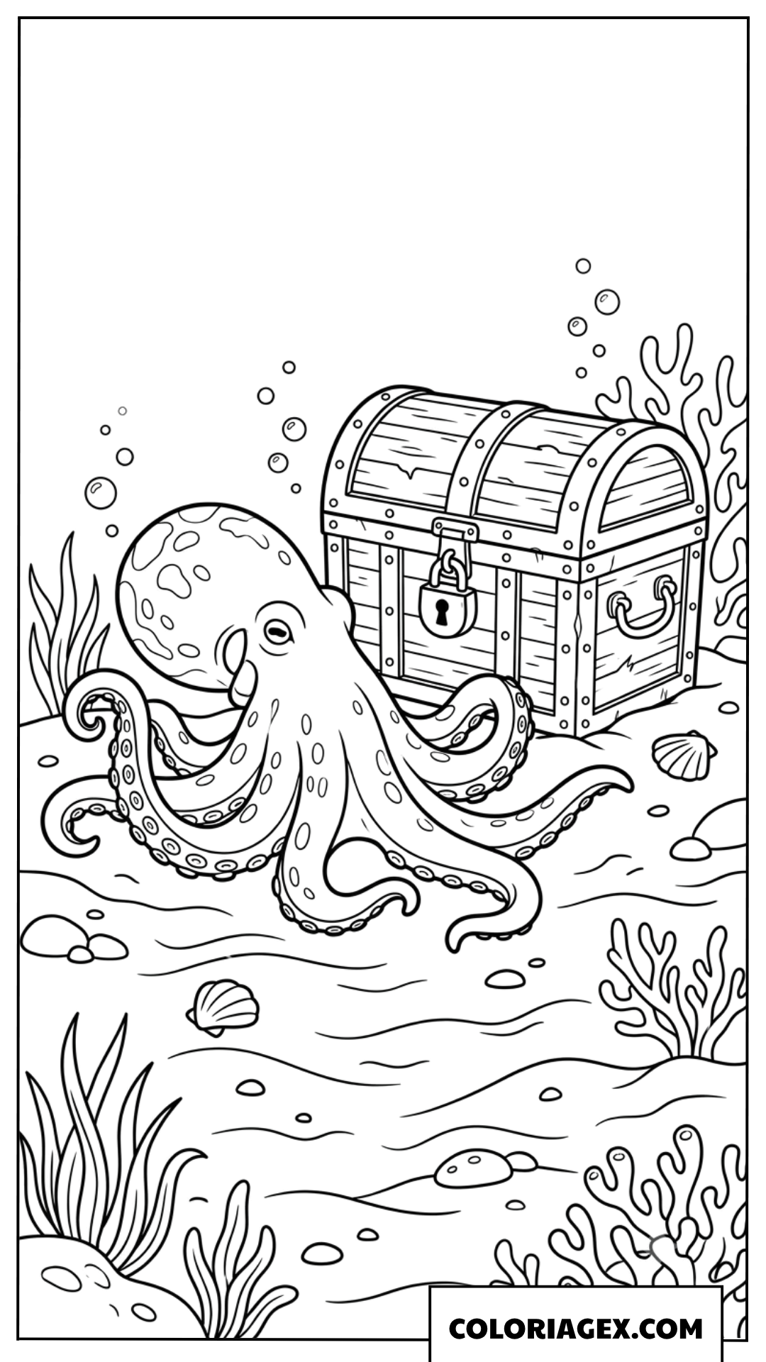 Dessin de poulpe au fond de l'ocean avec un coffre