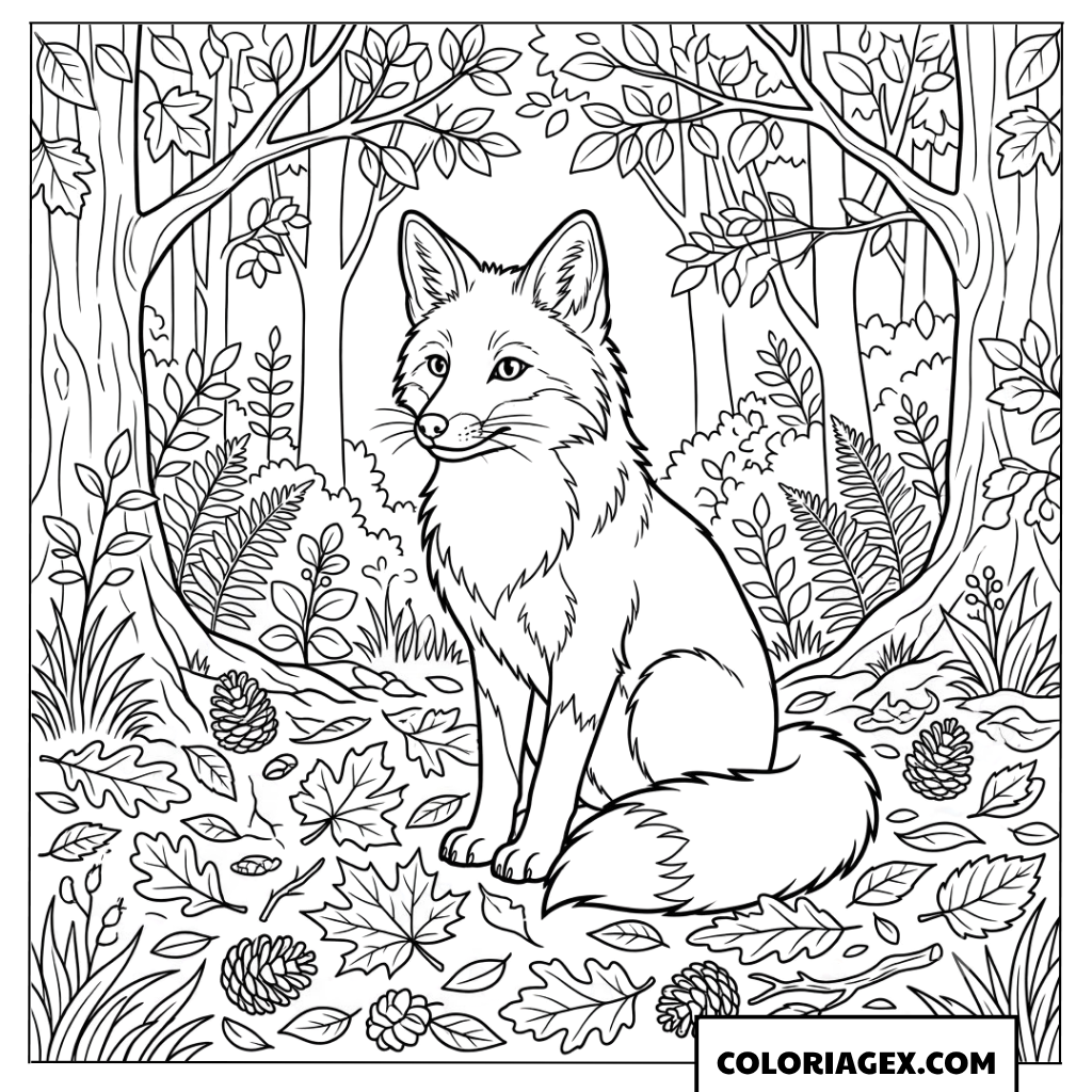 Dessin de renard assis au milieu des feuilles d'automne
