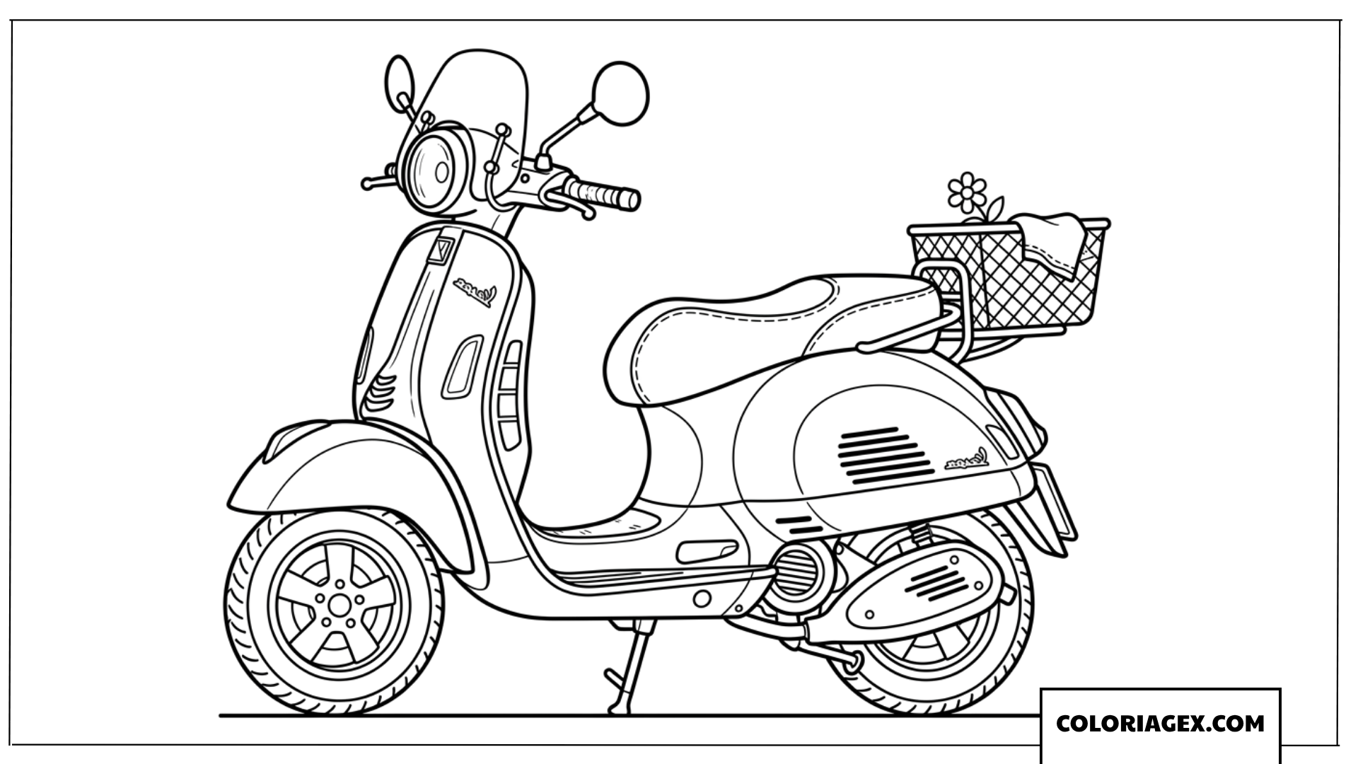 Dessin de scooter classique de style italien avec un panier de fleurs