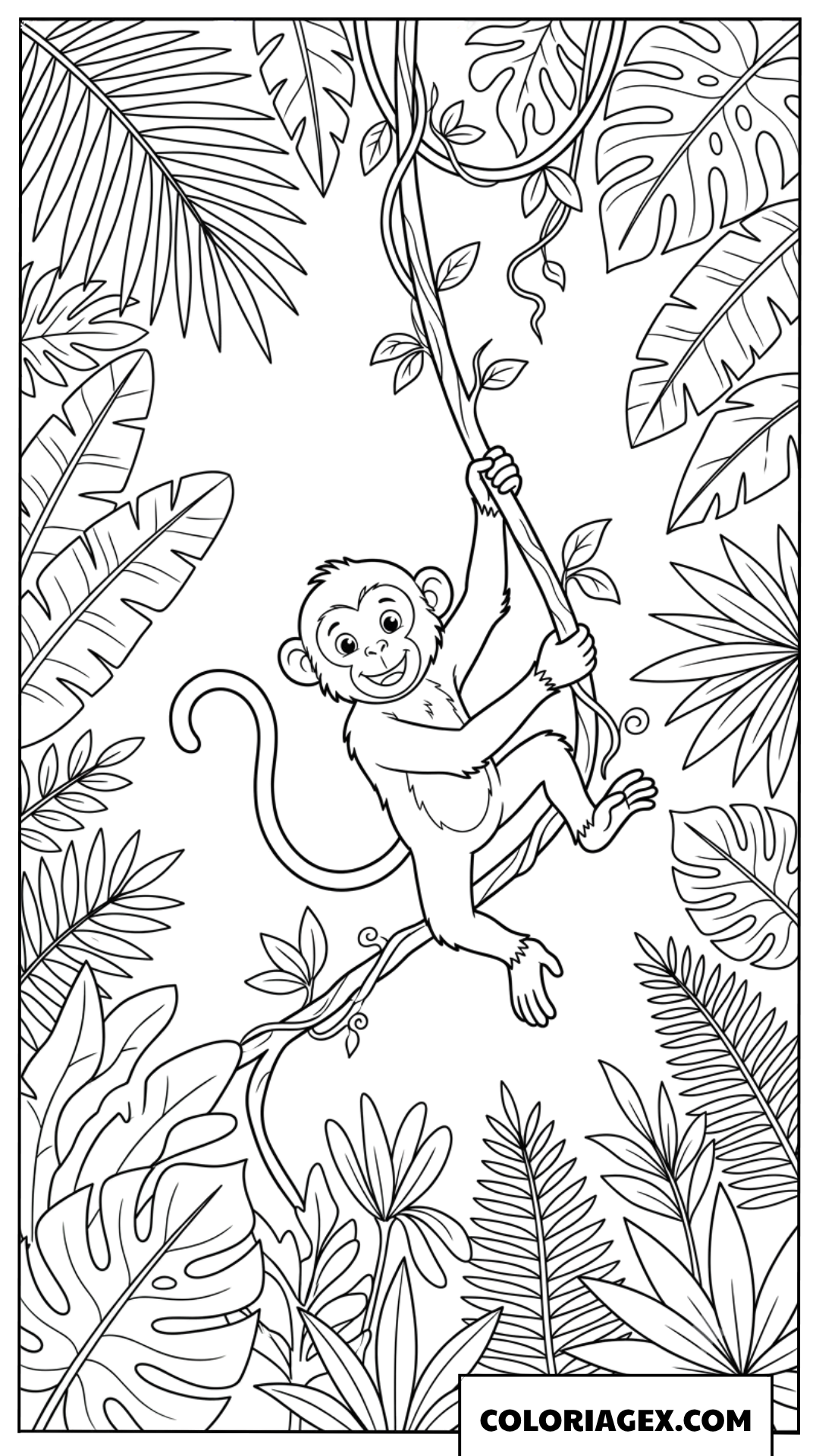 Dessin de singe malicieux se balançant dans la jungle