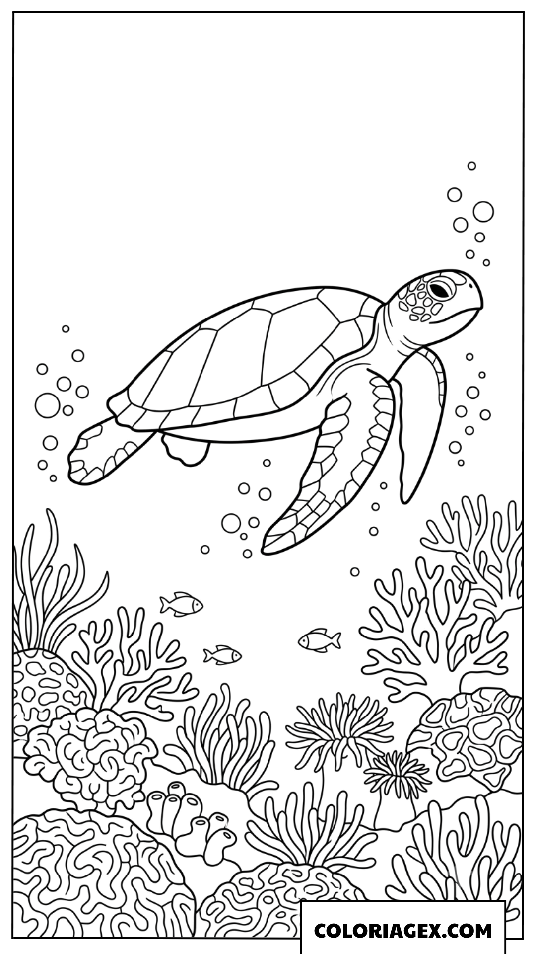 Dessin de tortue de mer nageant sur les recifs coralliens