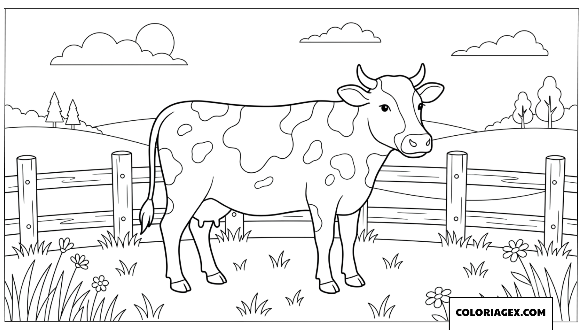 Dessin de vache tachetee dans un pre herbeux