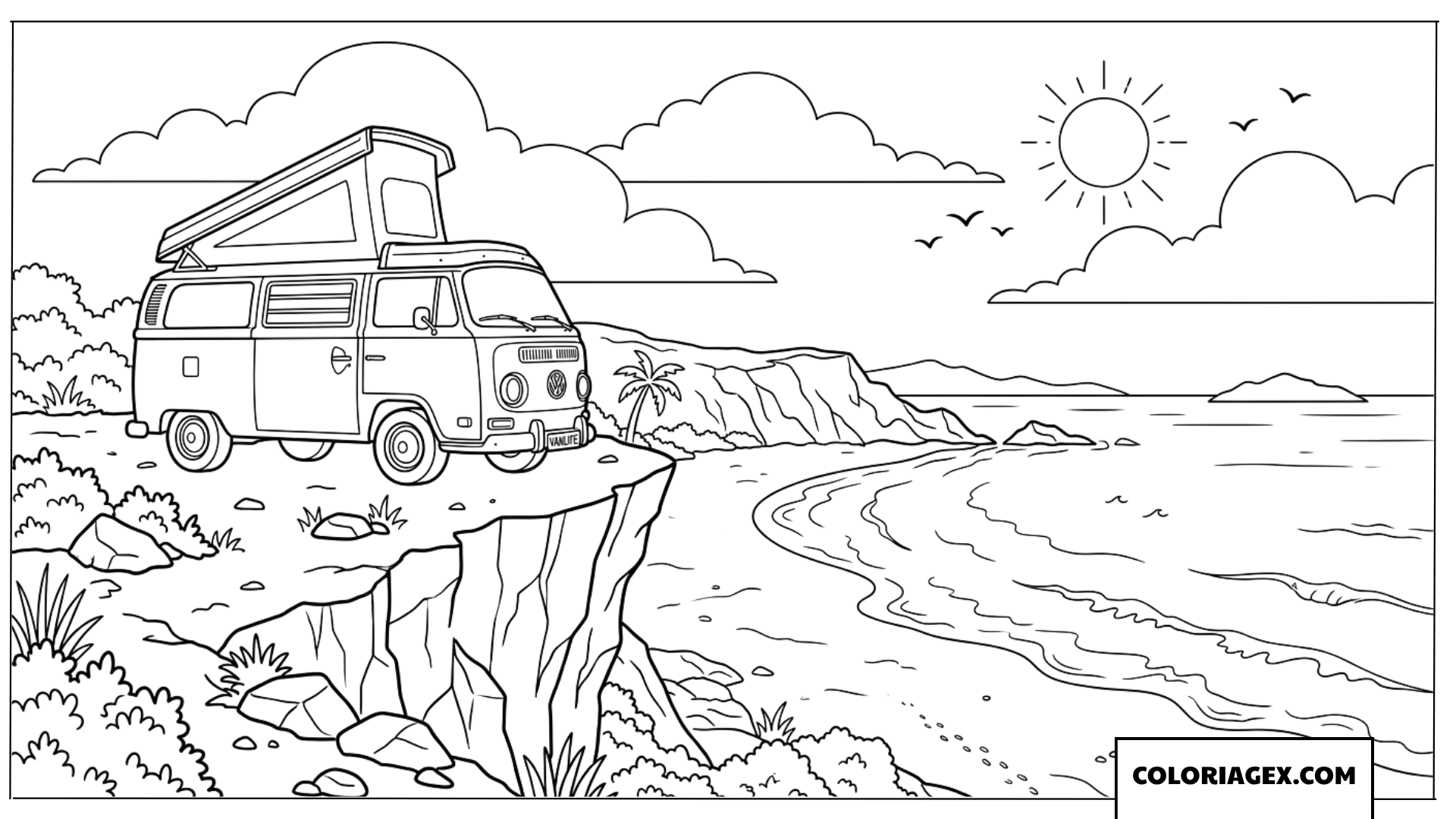 Dessin de van de camping vintage au bord de la falaise
