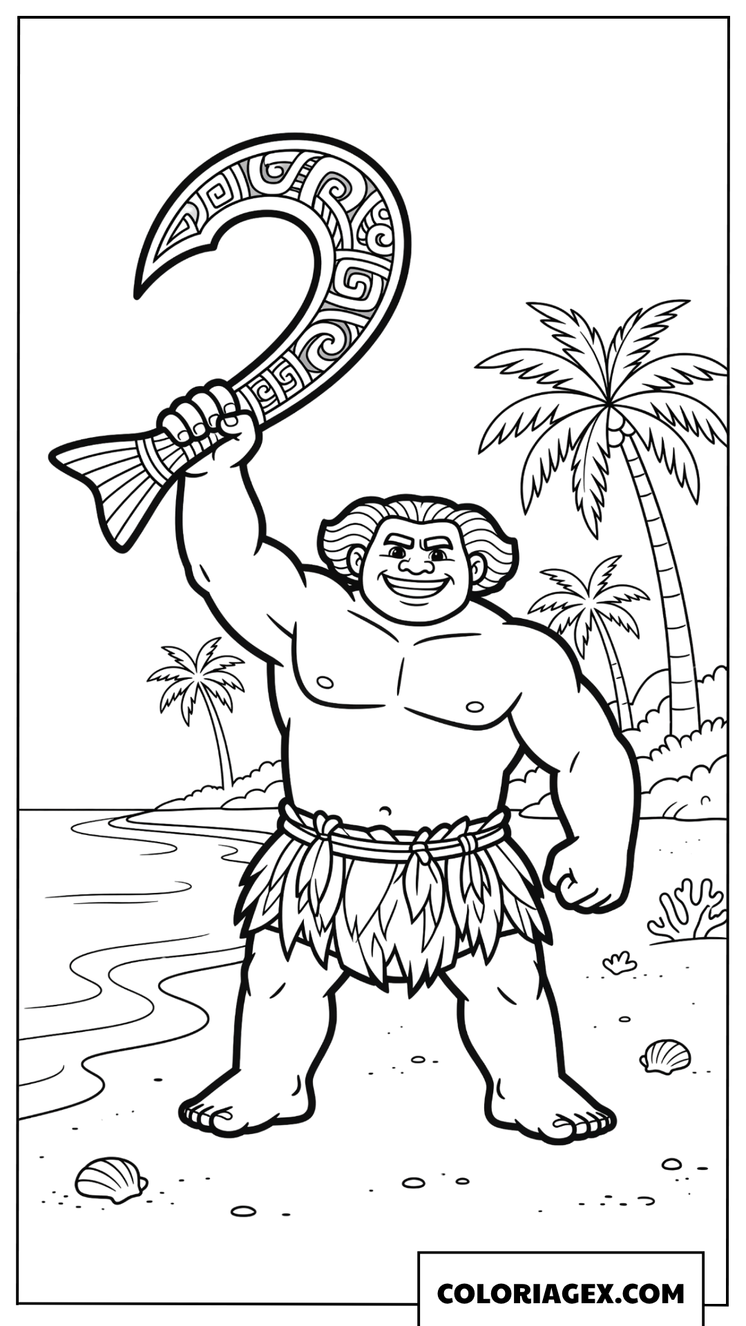 Dessin demi dieu Maui avec son hamecon magique sur la plage