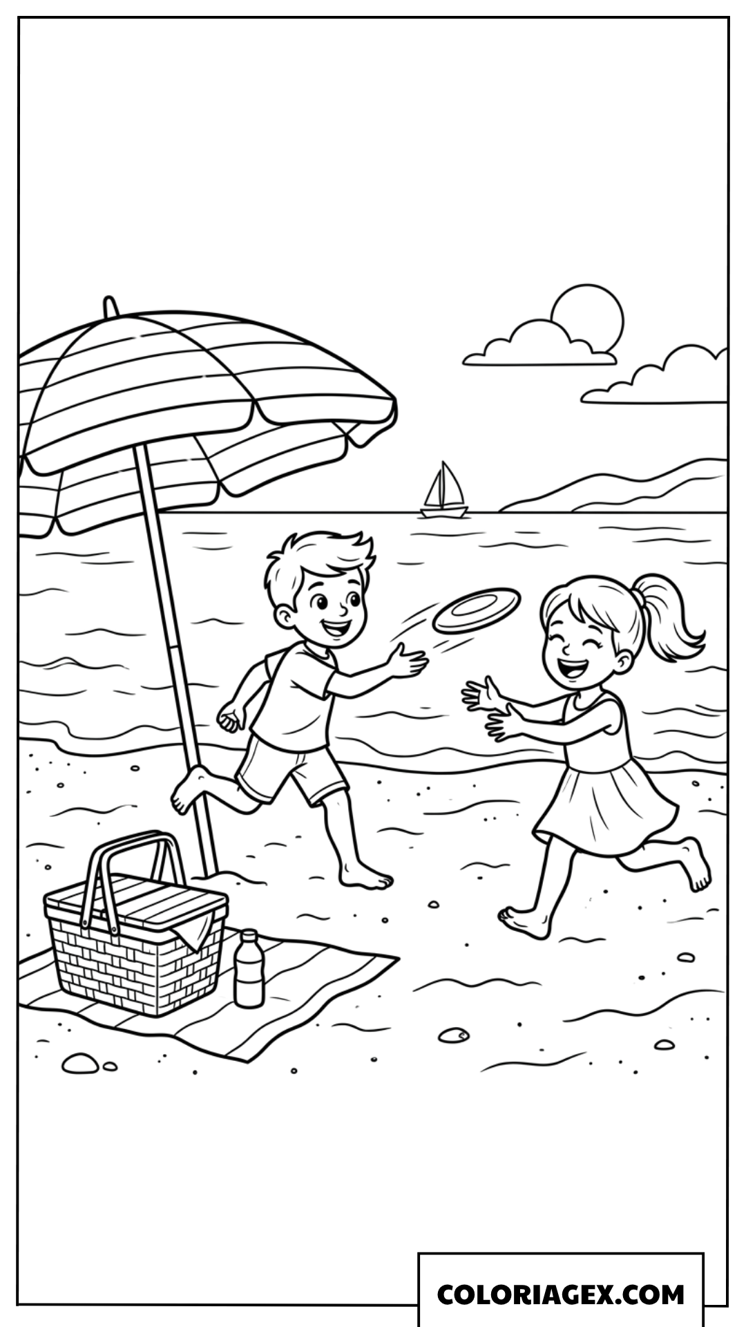 Dessin denfants qui jouent au frisbee sur la plage