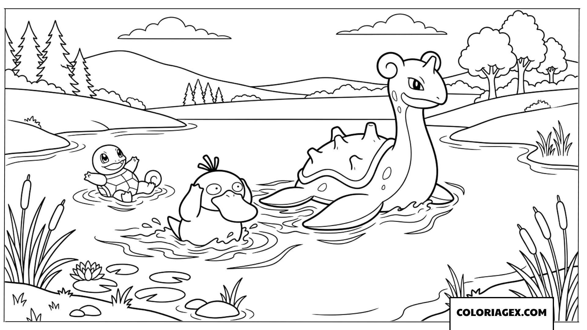Dessin des Pokemon nageant dans un lac paisible