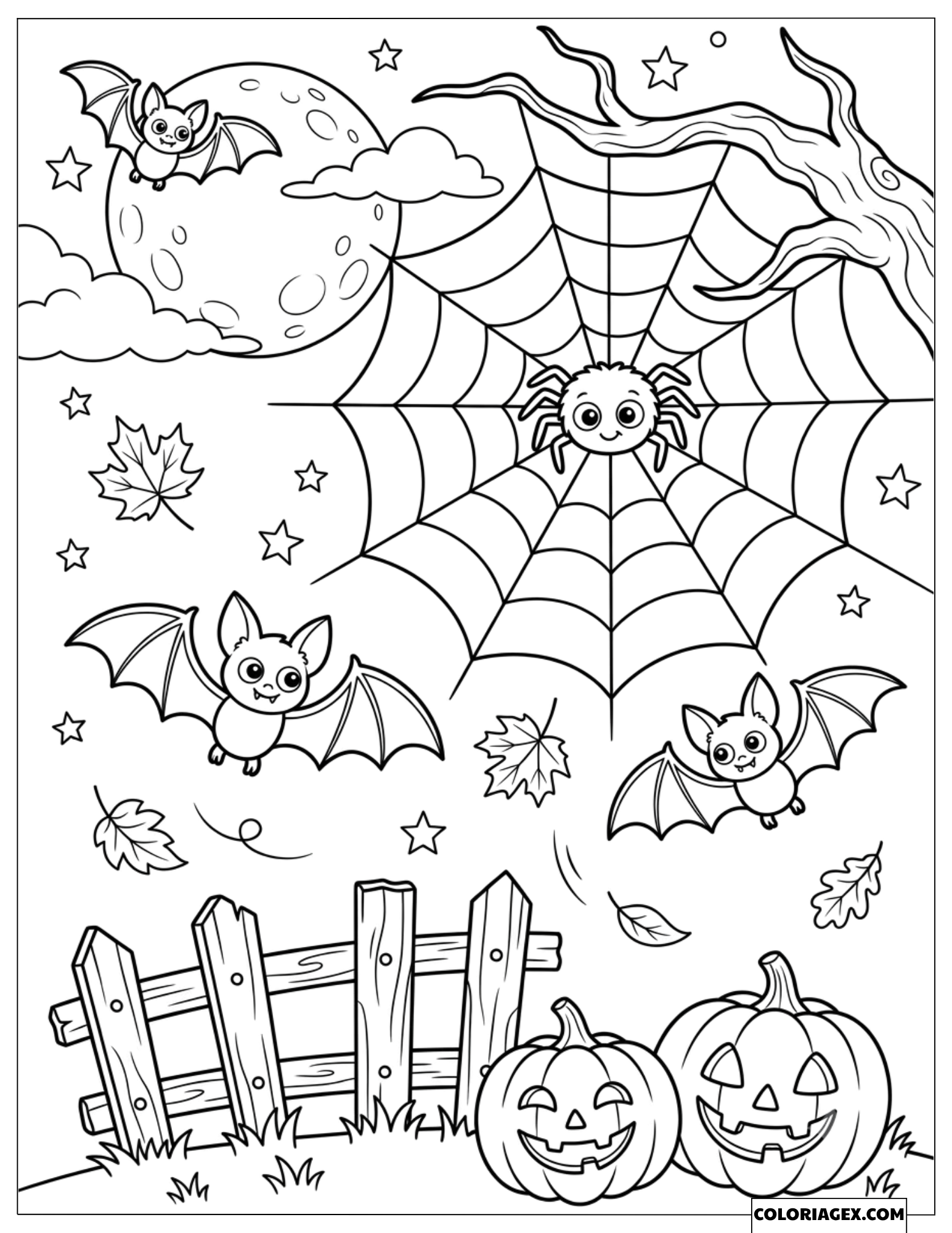 Dessin des chauves-souris volantes et l'araignée sur sa toile sous la pleine lune d'Halloween