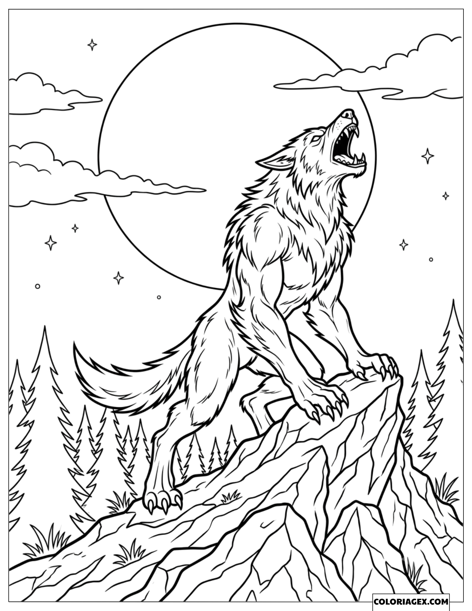 Dessin du Loup-garou hurlant sous la pleine lune