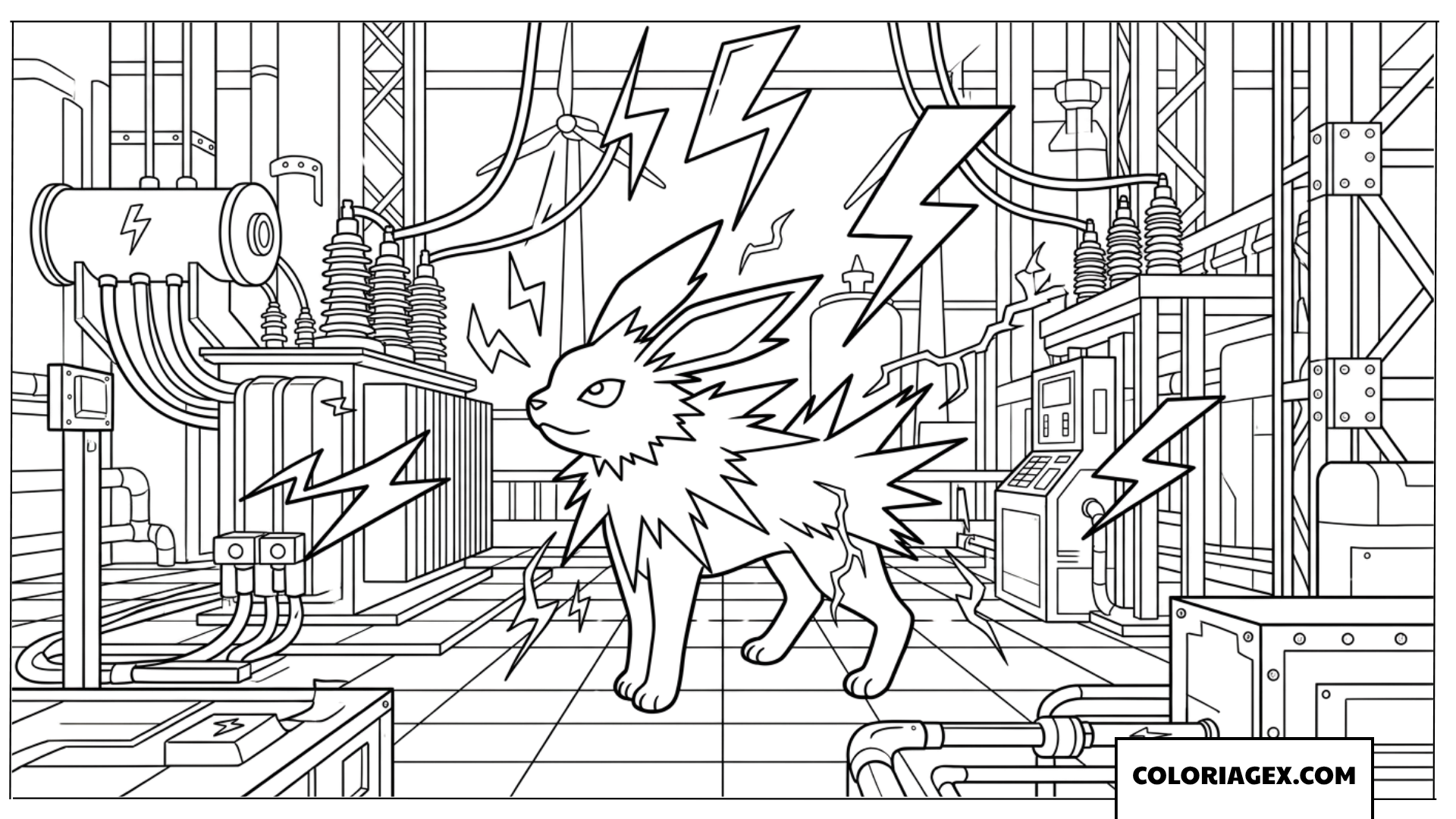 Dessin du Pokemon Voltali dans une centrale electrique