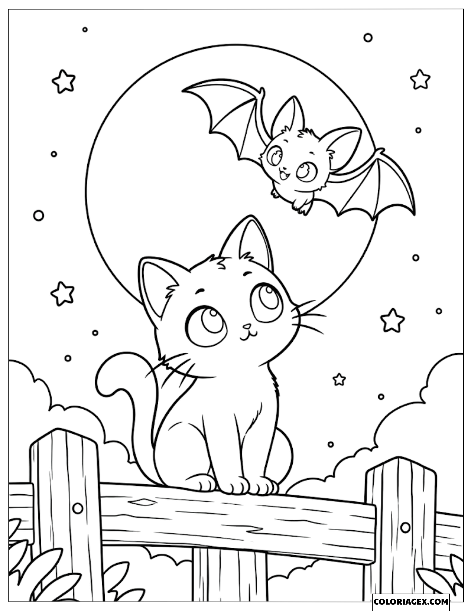 Dessin du chat noir assis sur la clôture observant la chauve-souris voler sous la lune